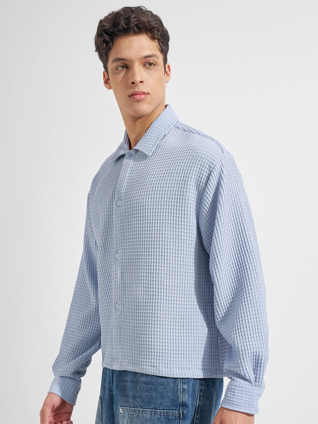 Highlander Men Blue Self Design Boxy Fit Casual Shirt