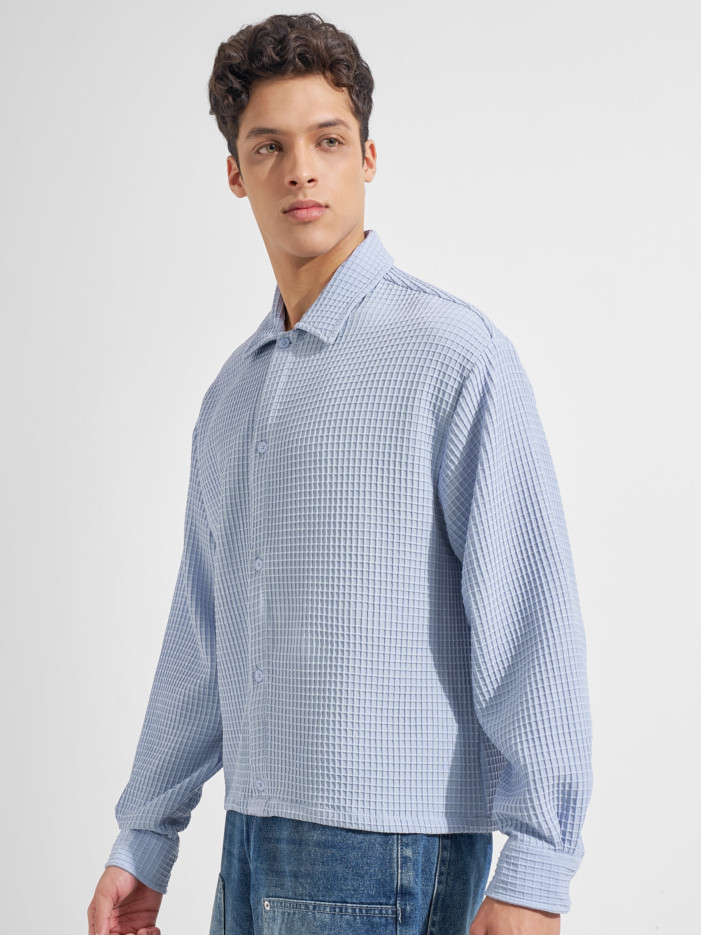 Highlander Men Blue Self Design Boxy Fit Casual Shirt