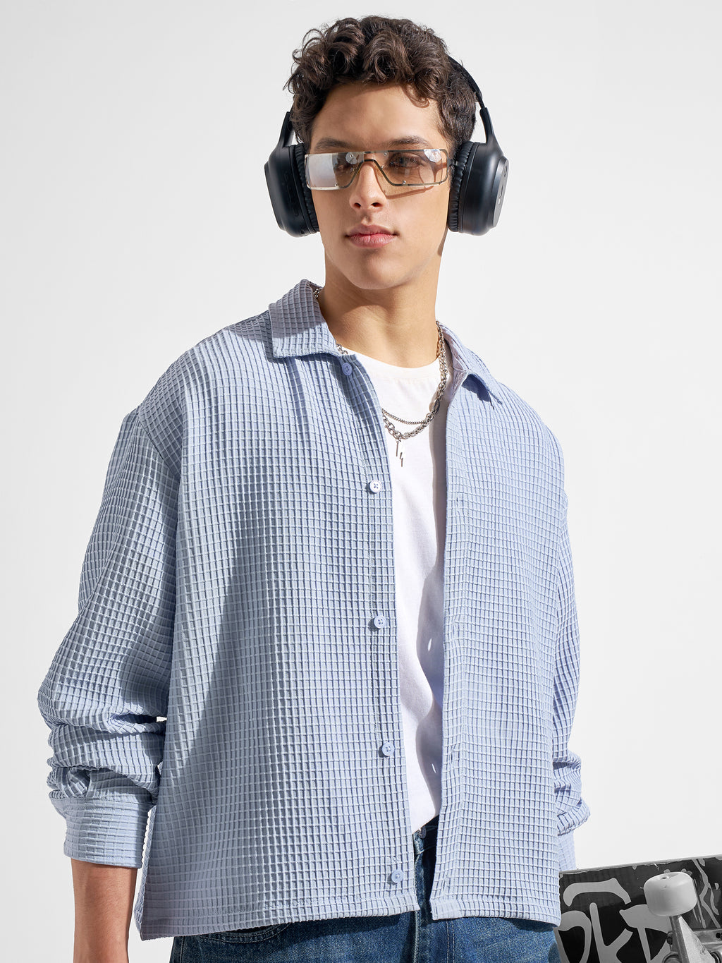 Highlander Men Blue Self Design Boxy Fit Casual Shirt