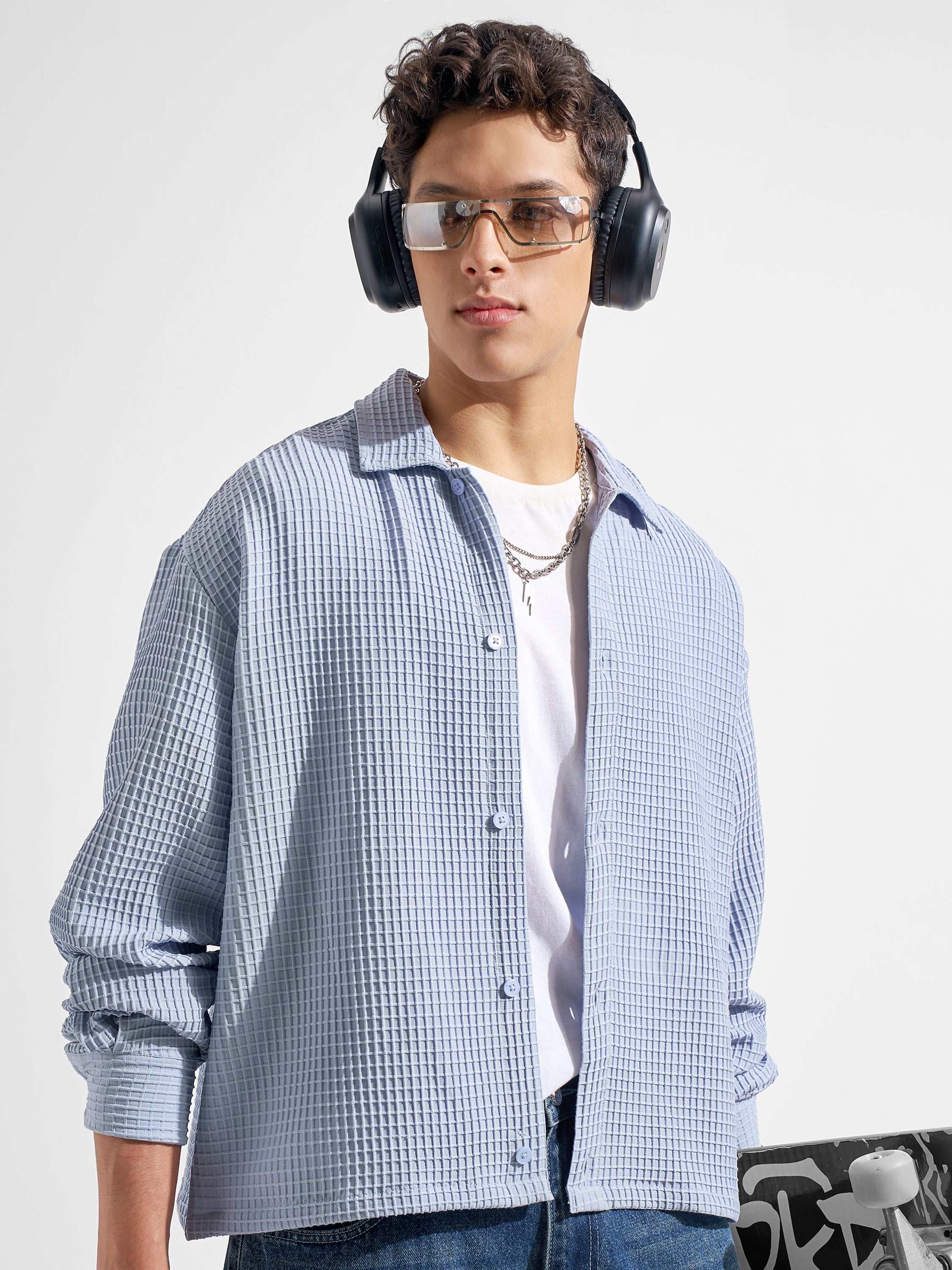 Highlander Men Blue Self Design Boxy Fit Casual Shirt