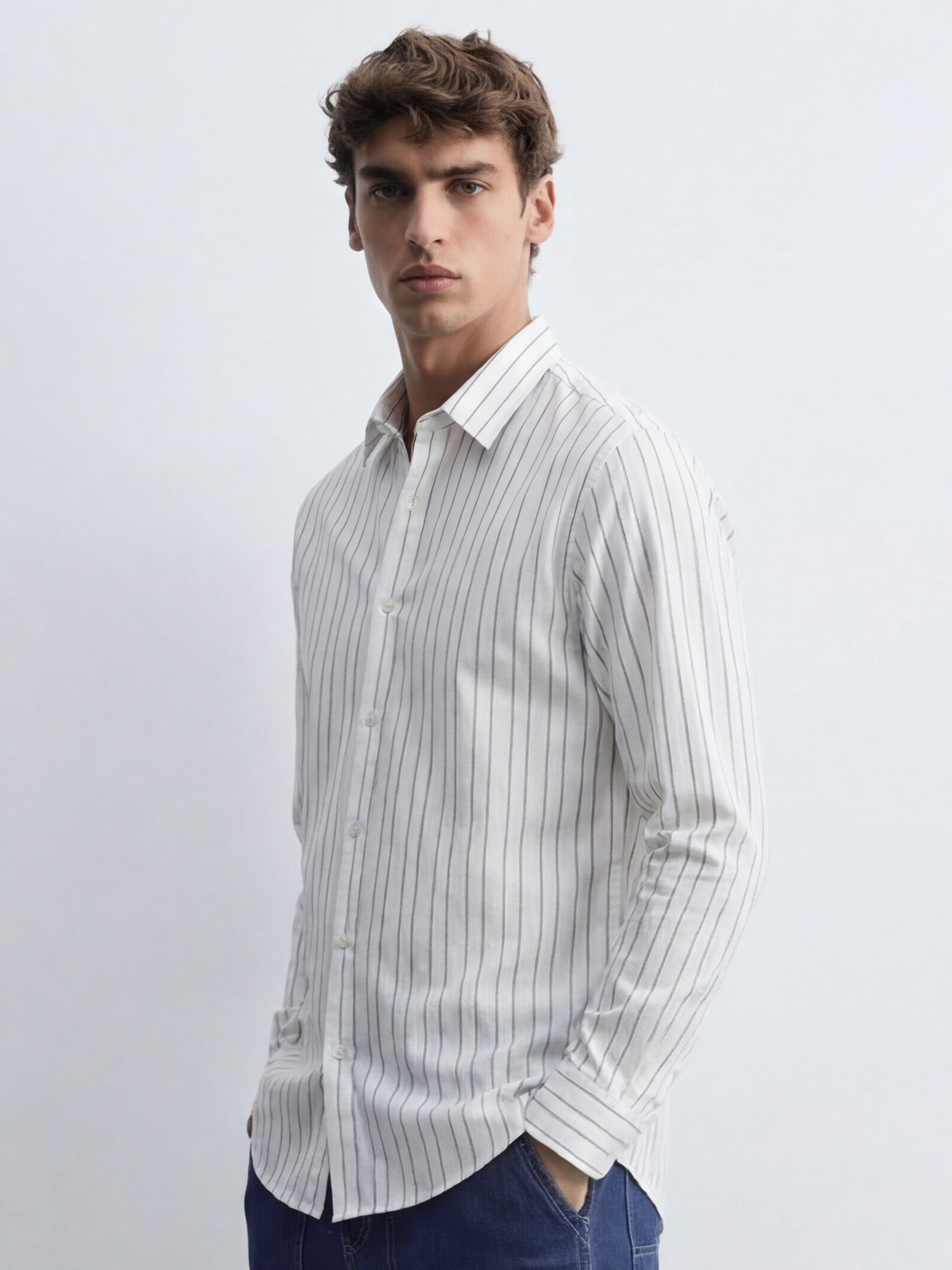Highlander Men White Striped Slim Fit Casual Shirt - White - Image 4