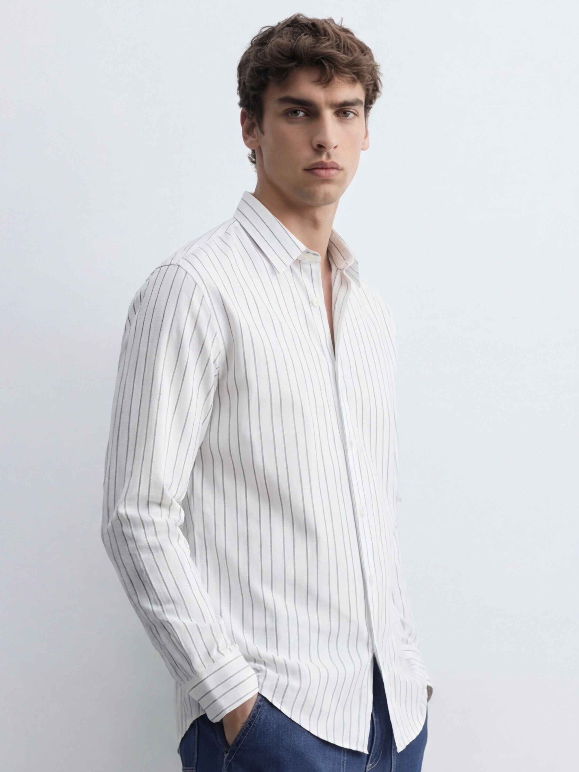 Highlander Men White Striped Slim Fit Casual Shirt - White - Image 5