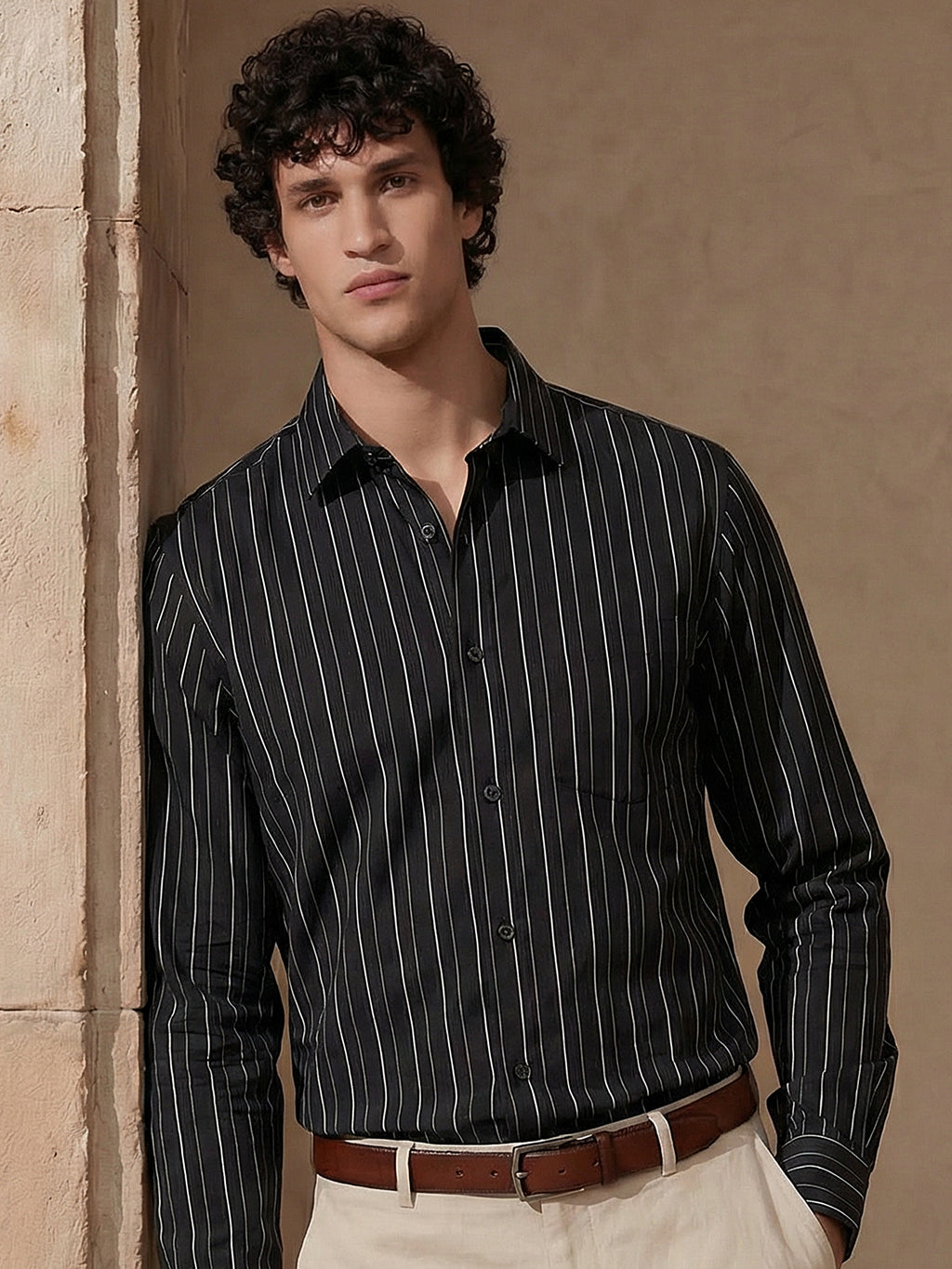Highlander Men Black Striped Slim Fit Casual Shirt - Black - Image 1