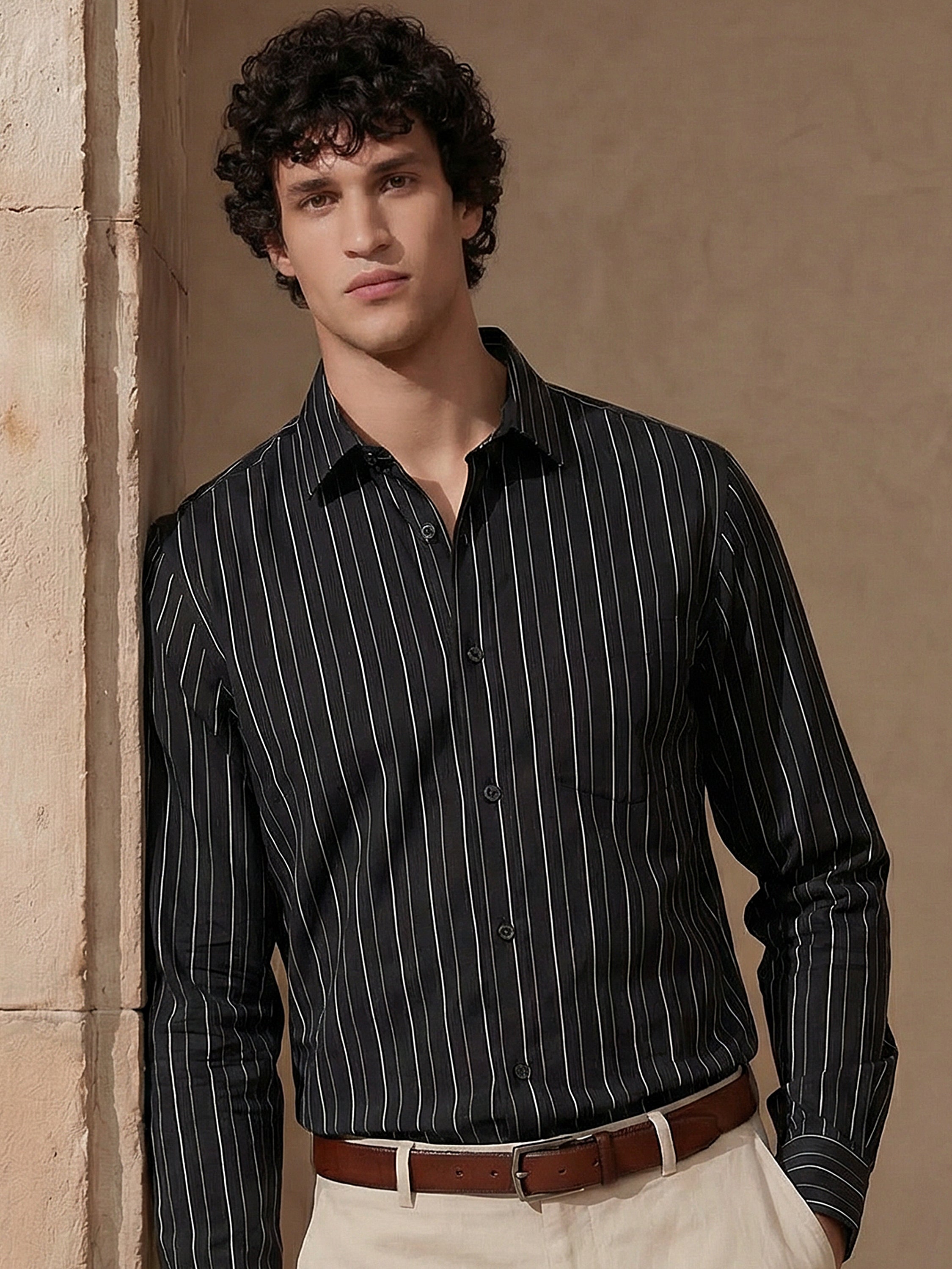 Highlander Men Black Striped Slim Fit Casual Shirt - Black - Image 1