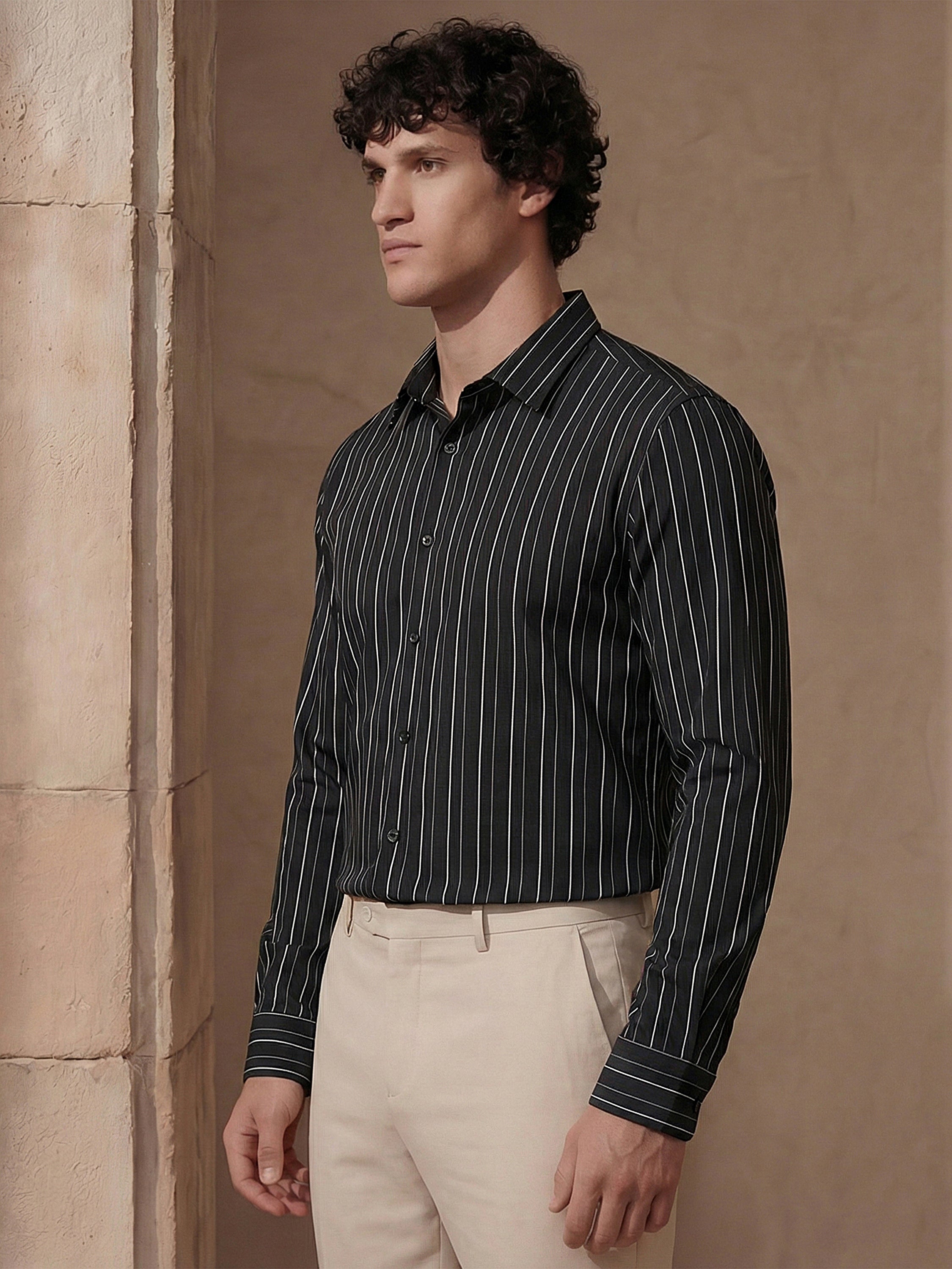 Highlander Men Black Striped Slim Fit Casual Shirt - Black - Image 4
