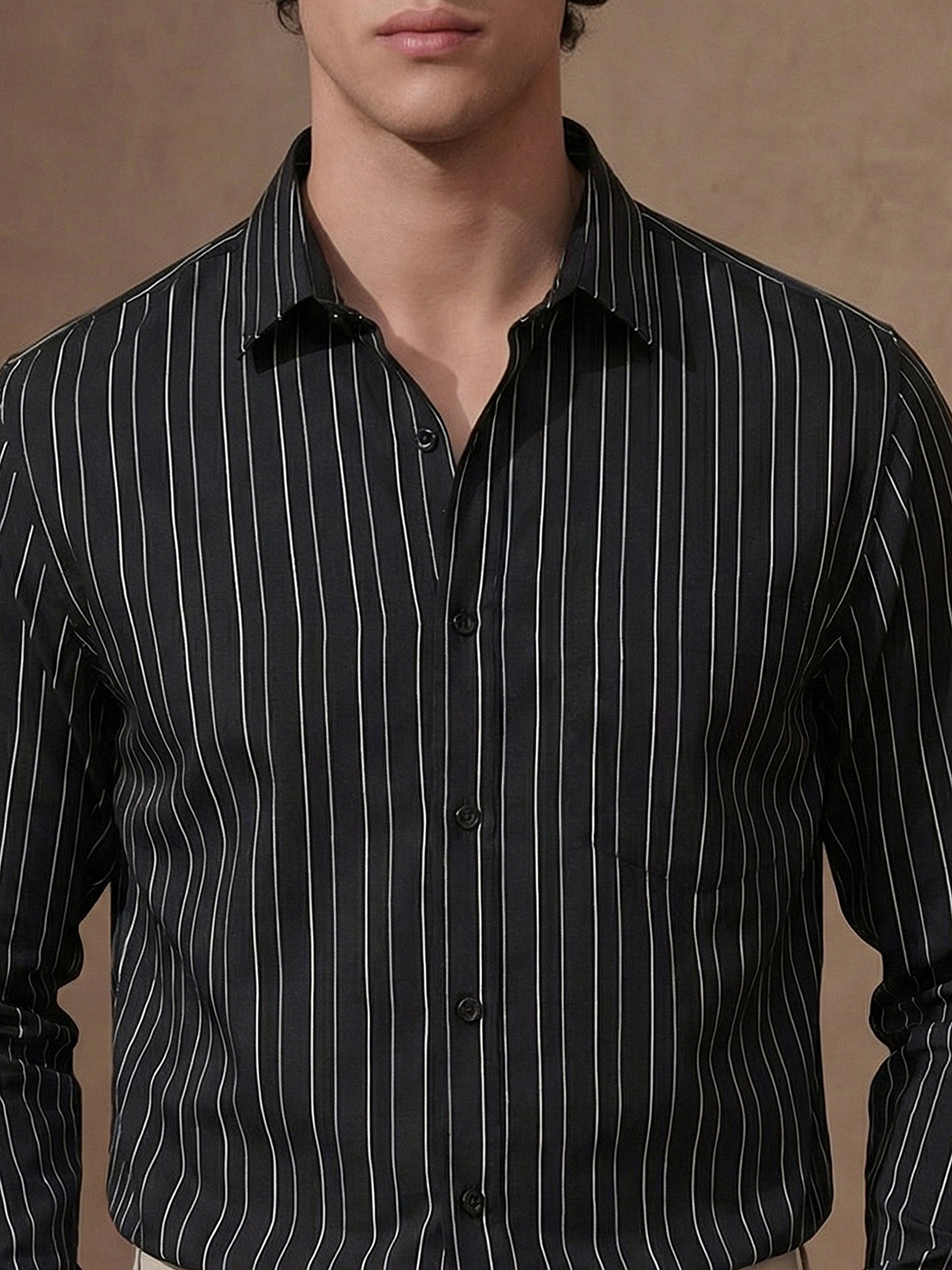 Highlander Men Black Striped Slim Fit Casual Shirt - Black - Image 5