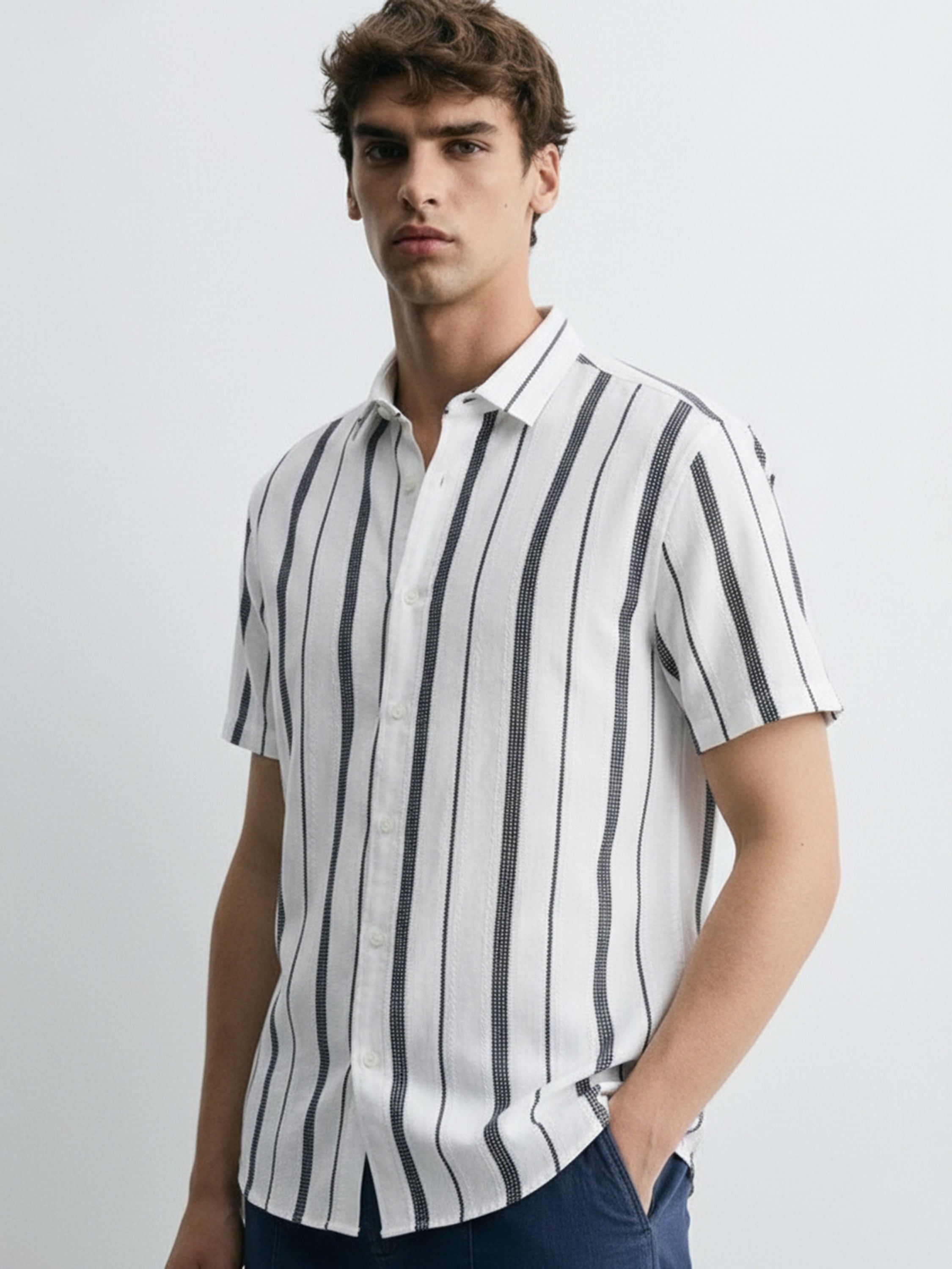 Highlander Men White Striped Regular Fit Casual Shirt - White - Image 4