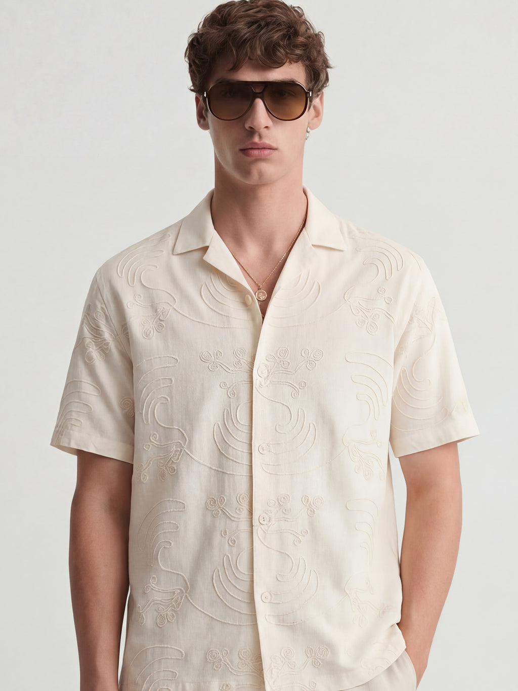Highlander Men Cream Embroidered Regular Fit Casual Shirt - Cream - Image 1