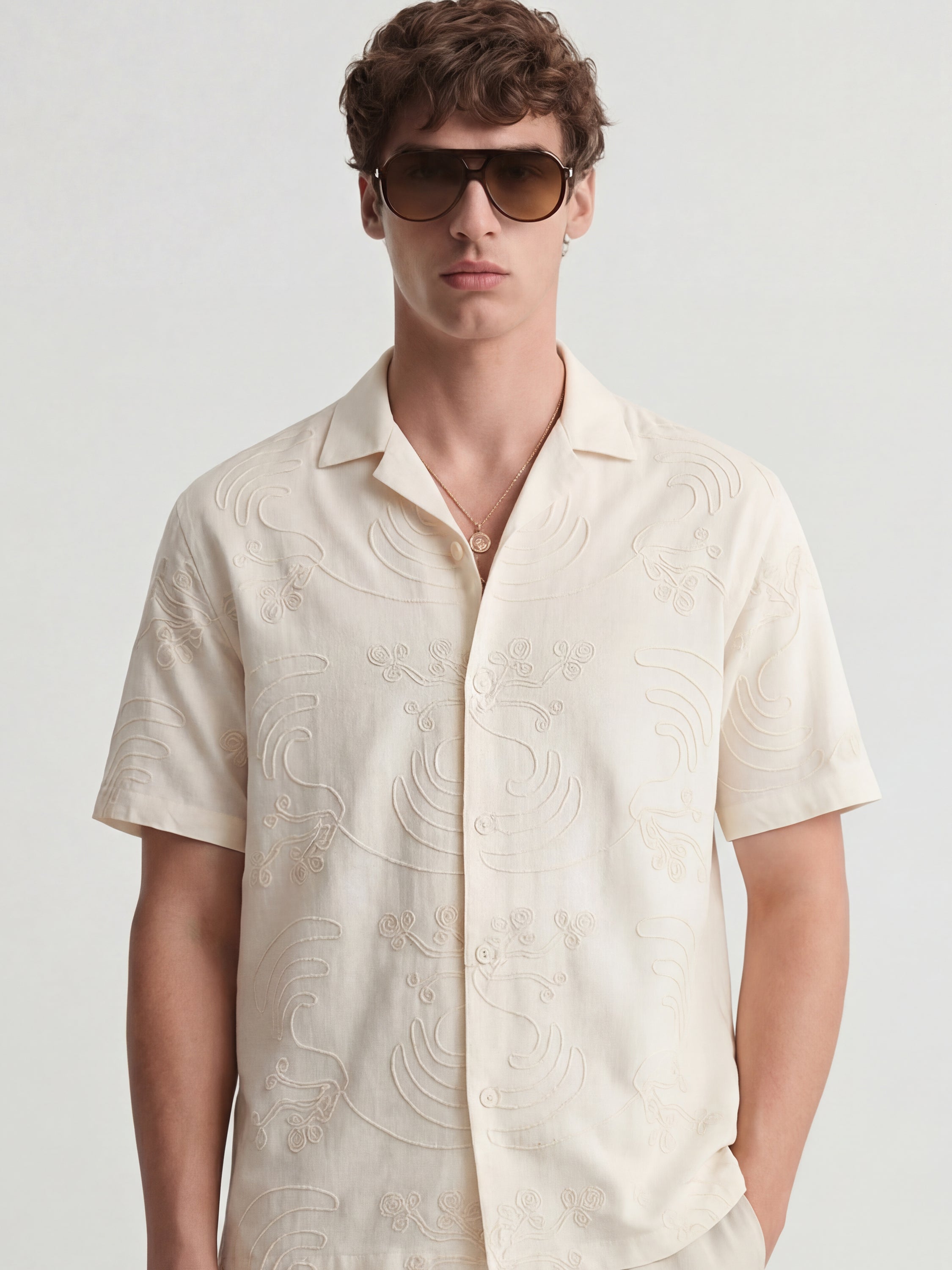 Highlander Men Cream Embroidered Regular Fit Casual Shirt - Cream - Image 1