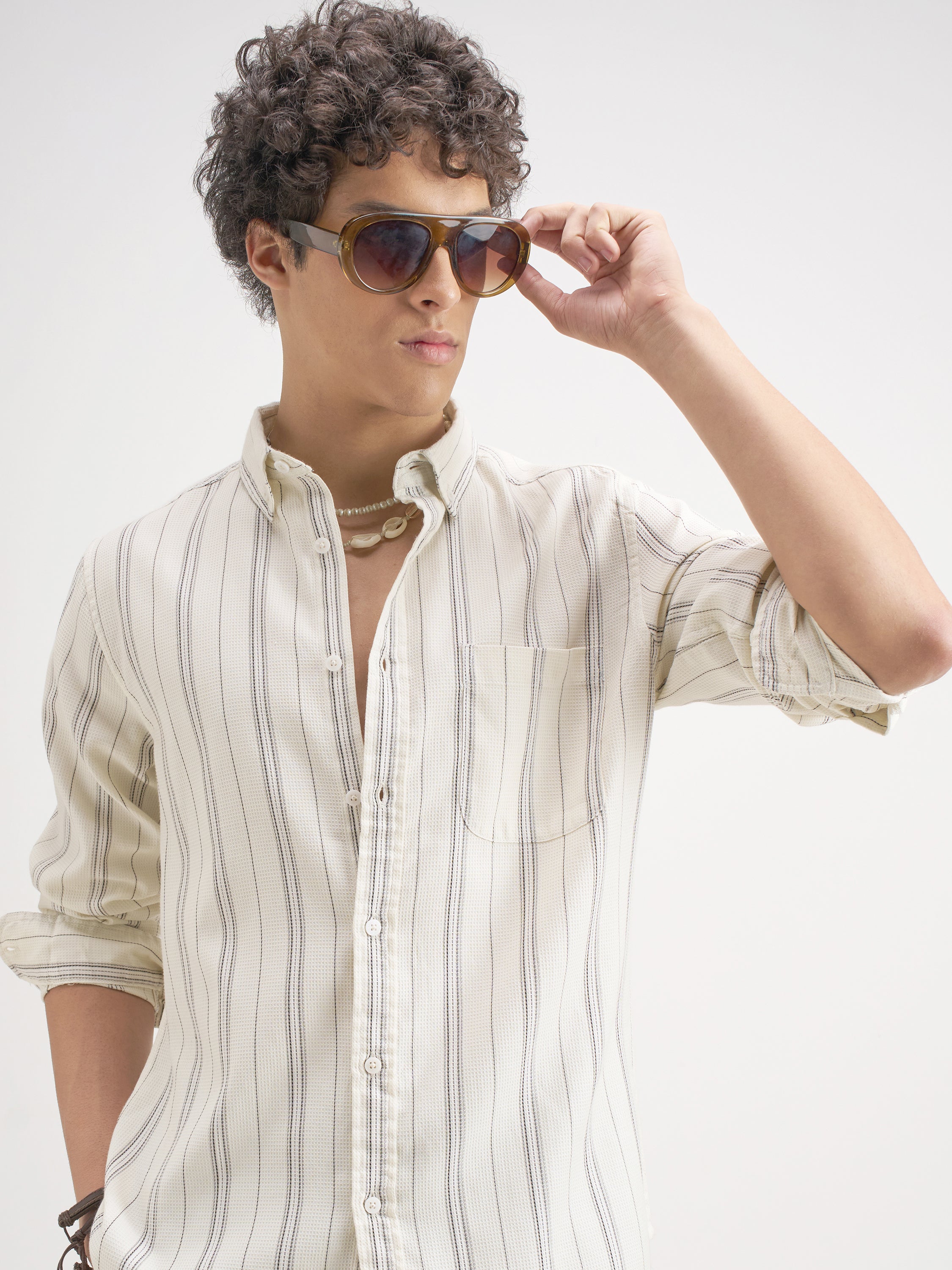 Highlander Men Off White Striped Slim Fit Casual Shirt - Off White - Image 1