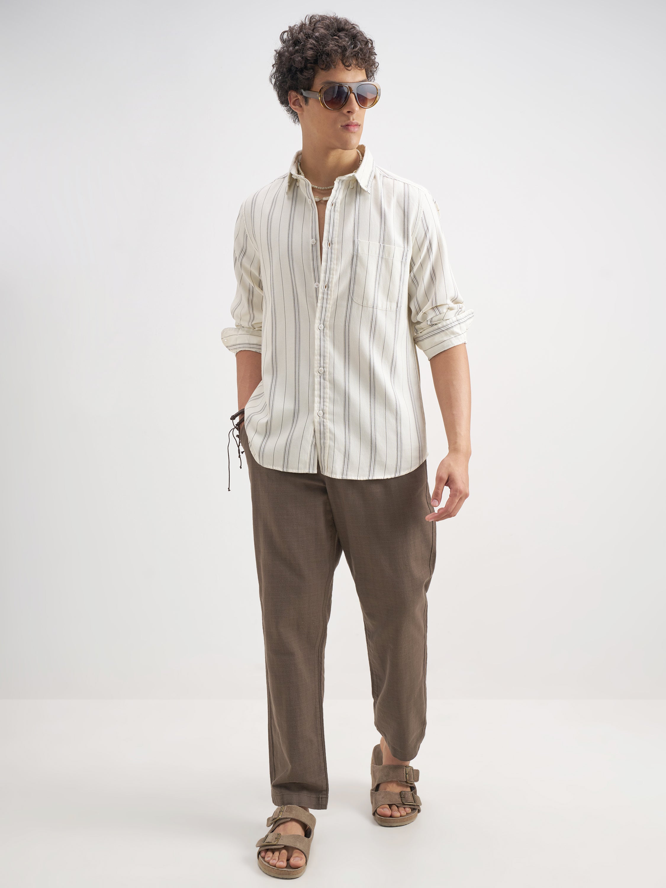 Highlander Men Off White Striped Slim Fit Casual Shirt - Off White - Image 2