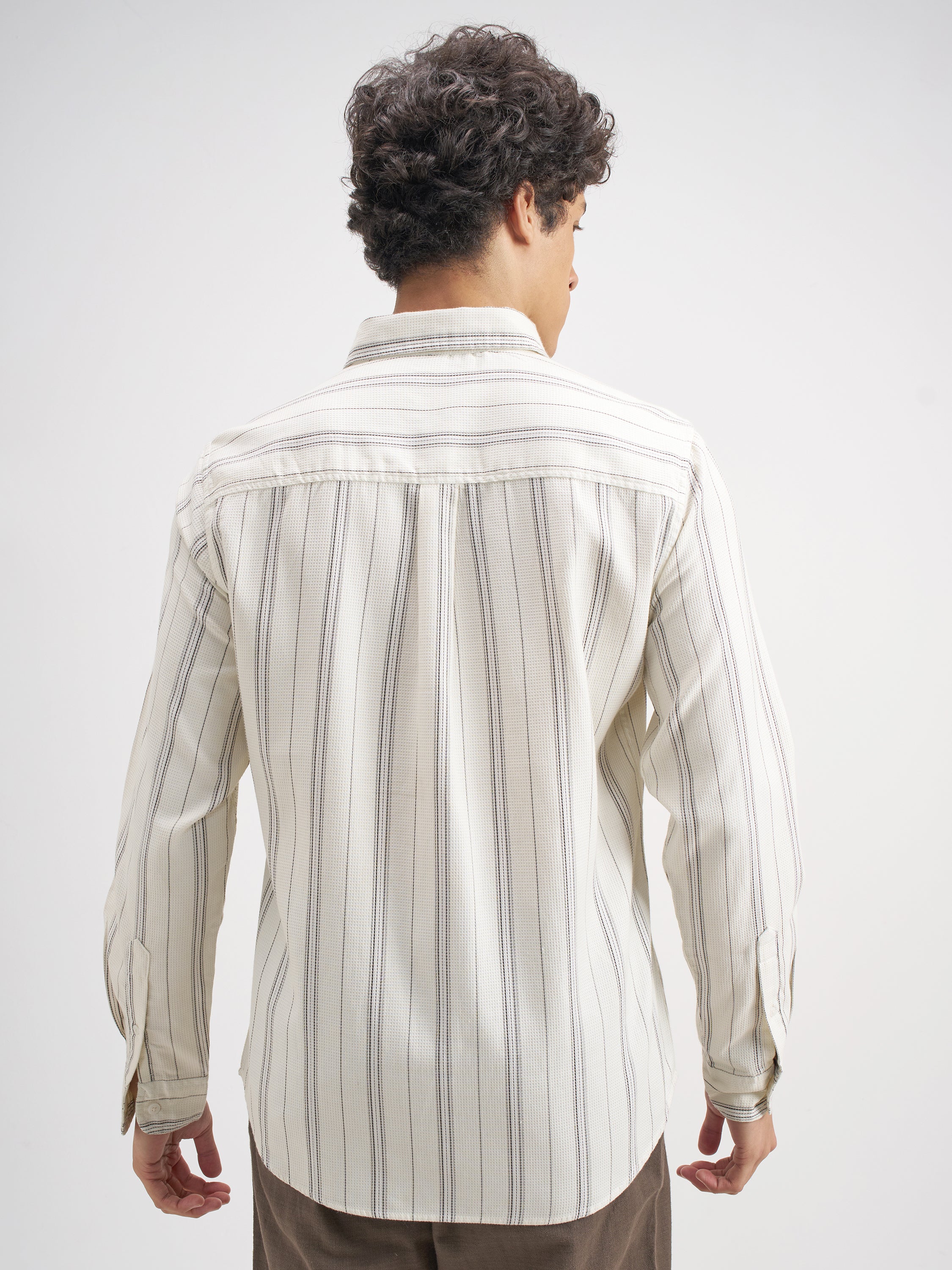 Highlander Men Off White Striped Slim Fit Casual Shirt - Off White - Image 3