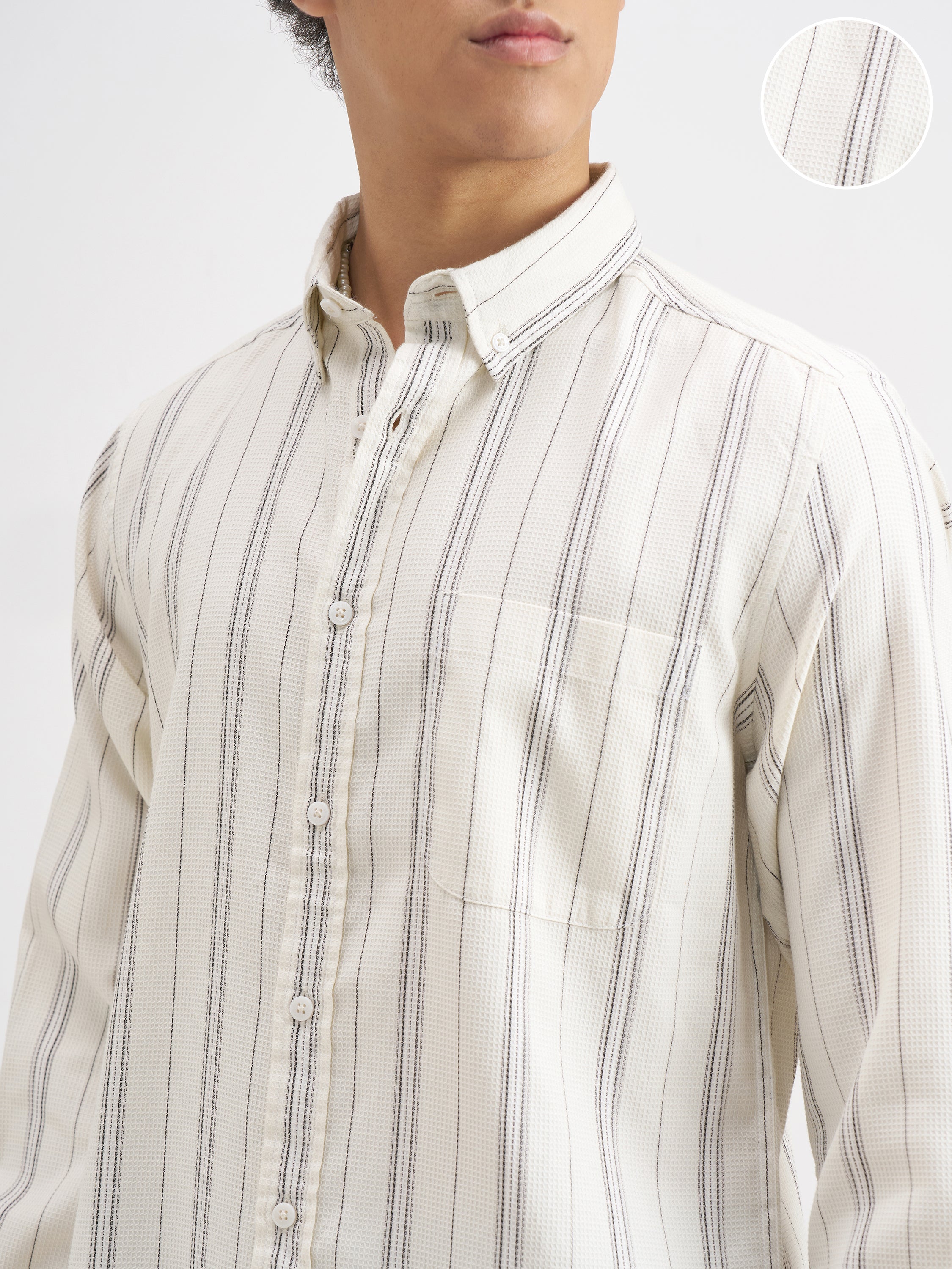 Highlander Men Off White Striped Slim Fit Casual Shirt - Off White - Image 5
