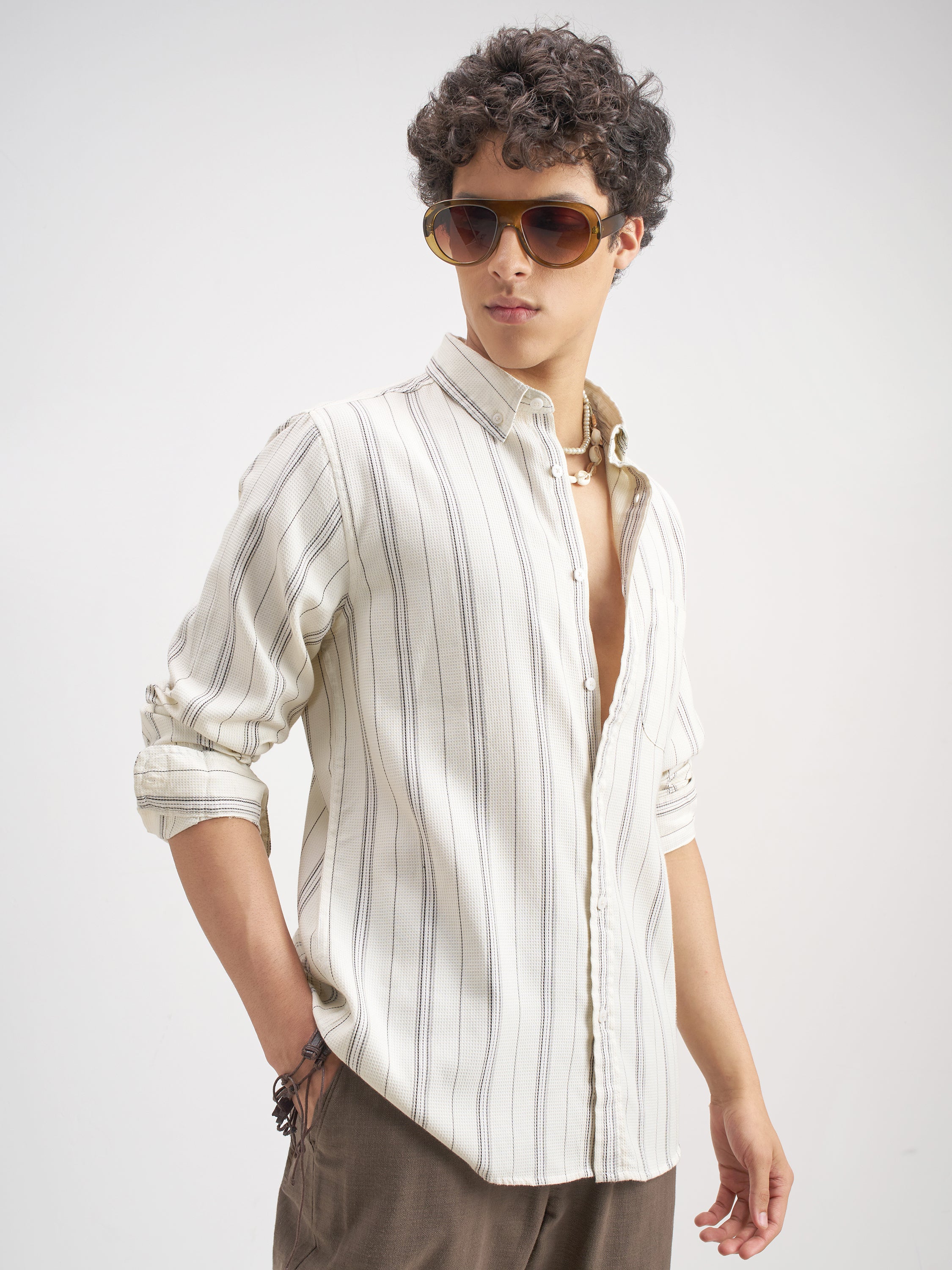 Highlander Men Off White Striped Slim Fit Casual Shirt - Off White - Image 6