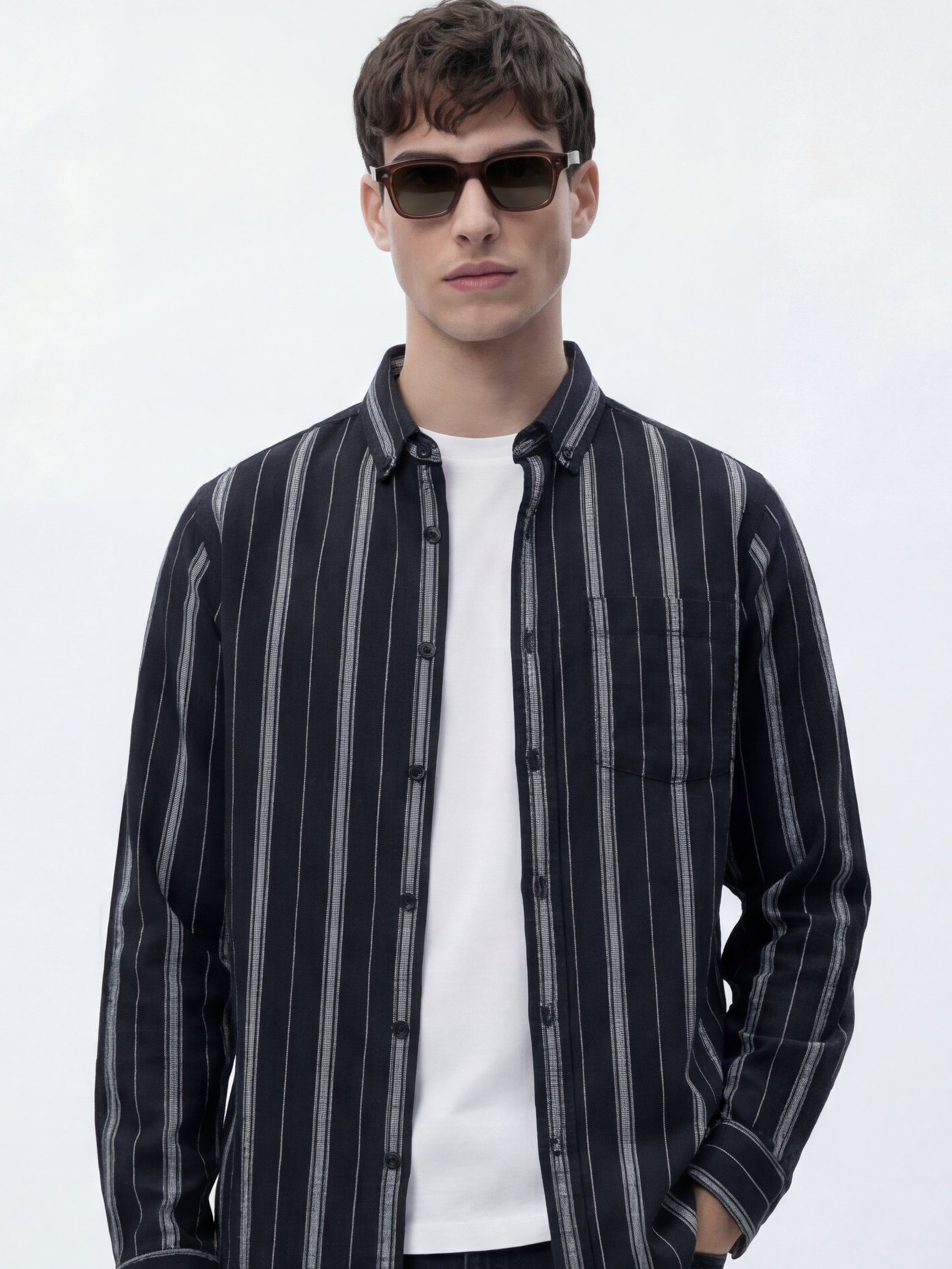 Highlander Men Black Striped Slim Fit Casual Shirt - Black - Image 1