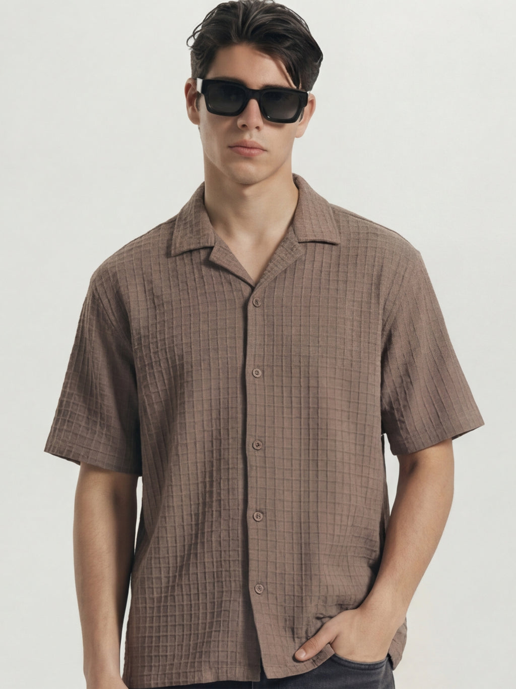 Highlander Men Taupe Self Design Oversized Fit Casual Shirt - Taupe - Image 1