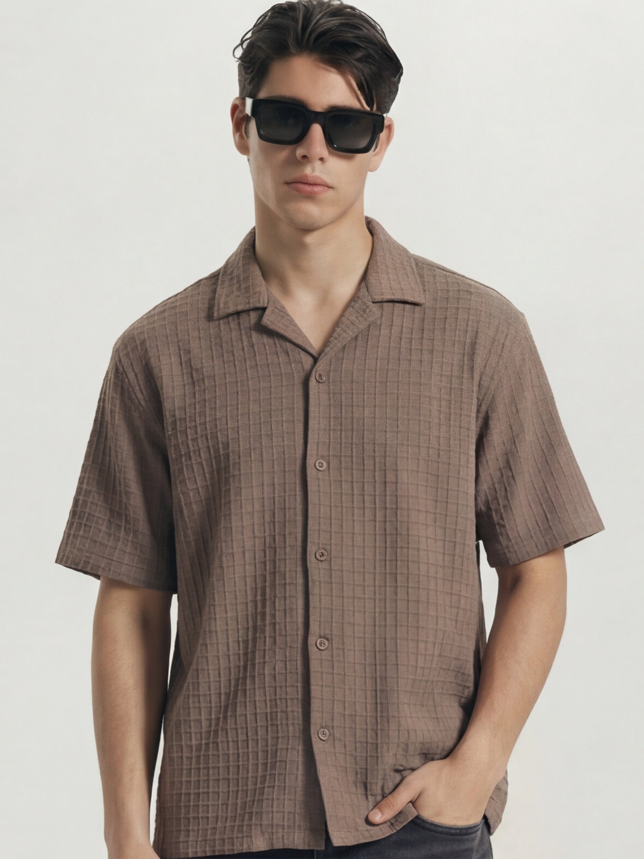 Highlander Men Taupe Self Design Oversized Fit Casual Shirt - Taupe - Image 1