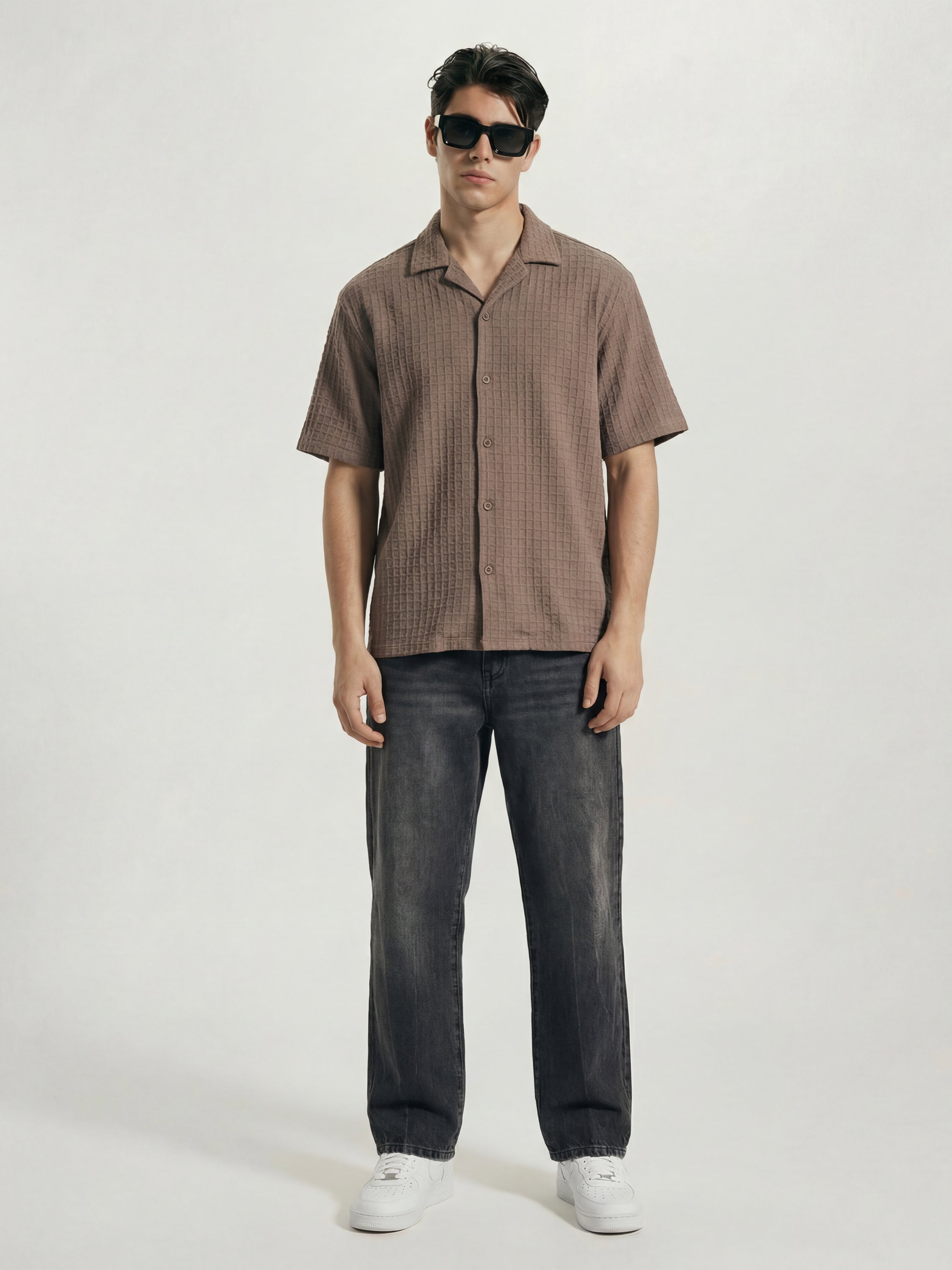Highlander Men Taupe Self Design Oversized Fit Casual Shirt - Taupe - Image 2