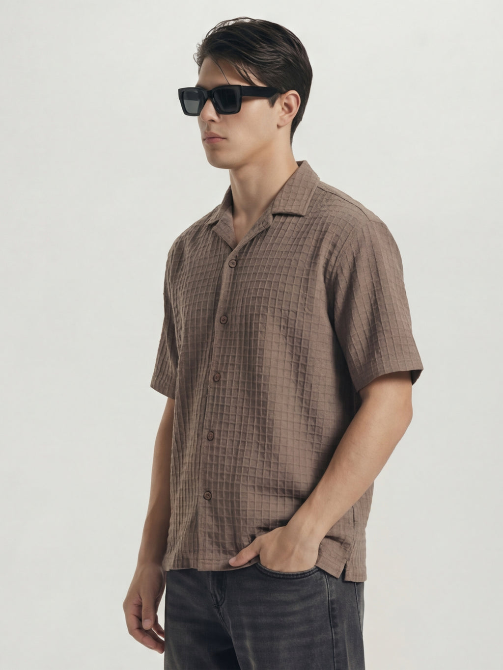 Highlander Men Taupe Self Design Oversized Fit Casual Shirt - Taupe - Image 4
