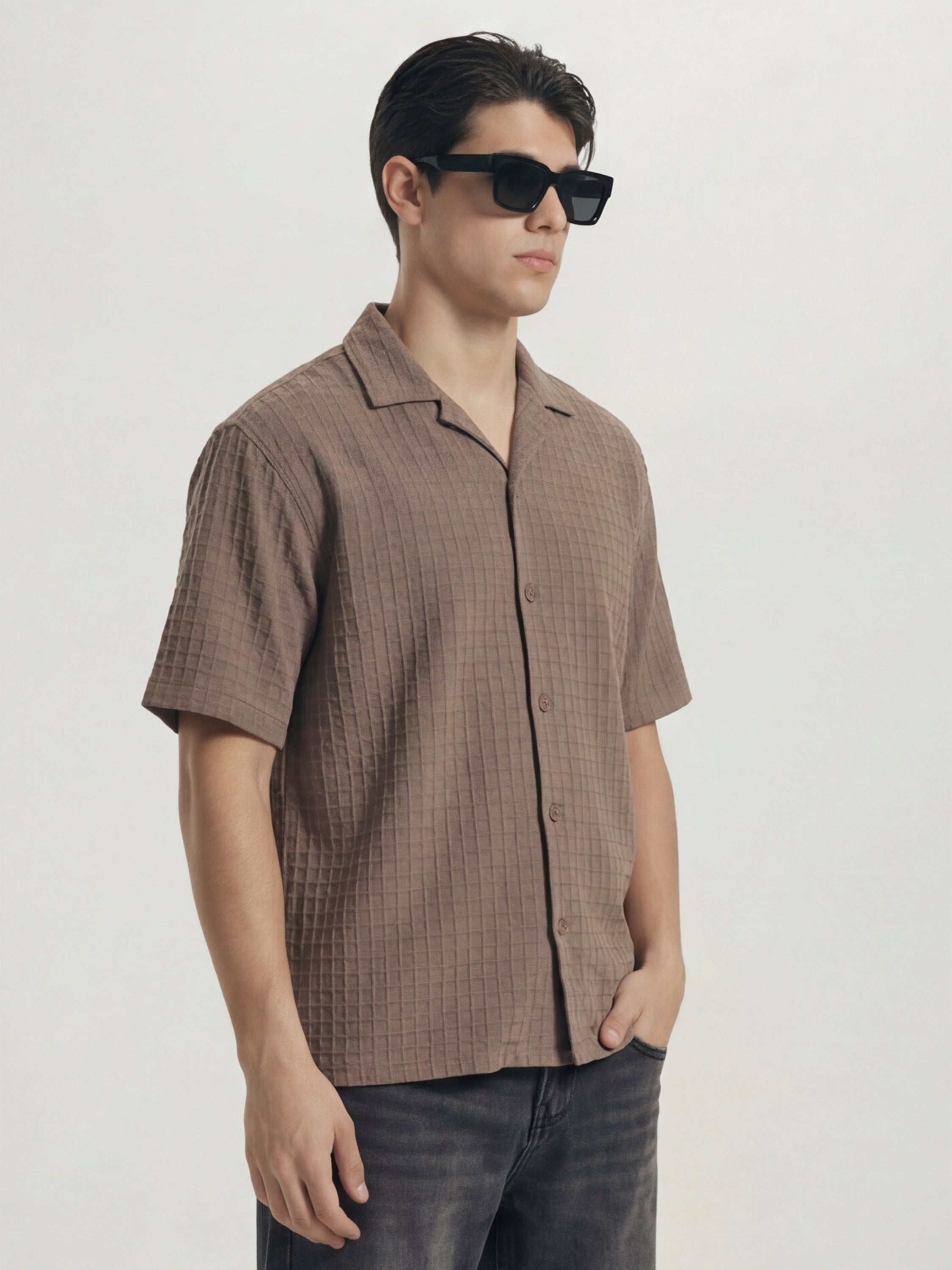 Highlander Men Taupe Self Design Oversized Fit Casual Shirt - Taupe - Image 6