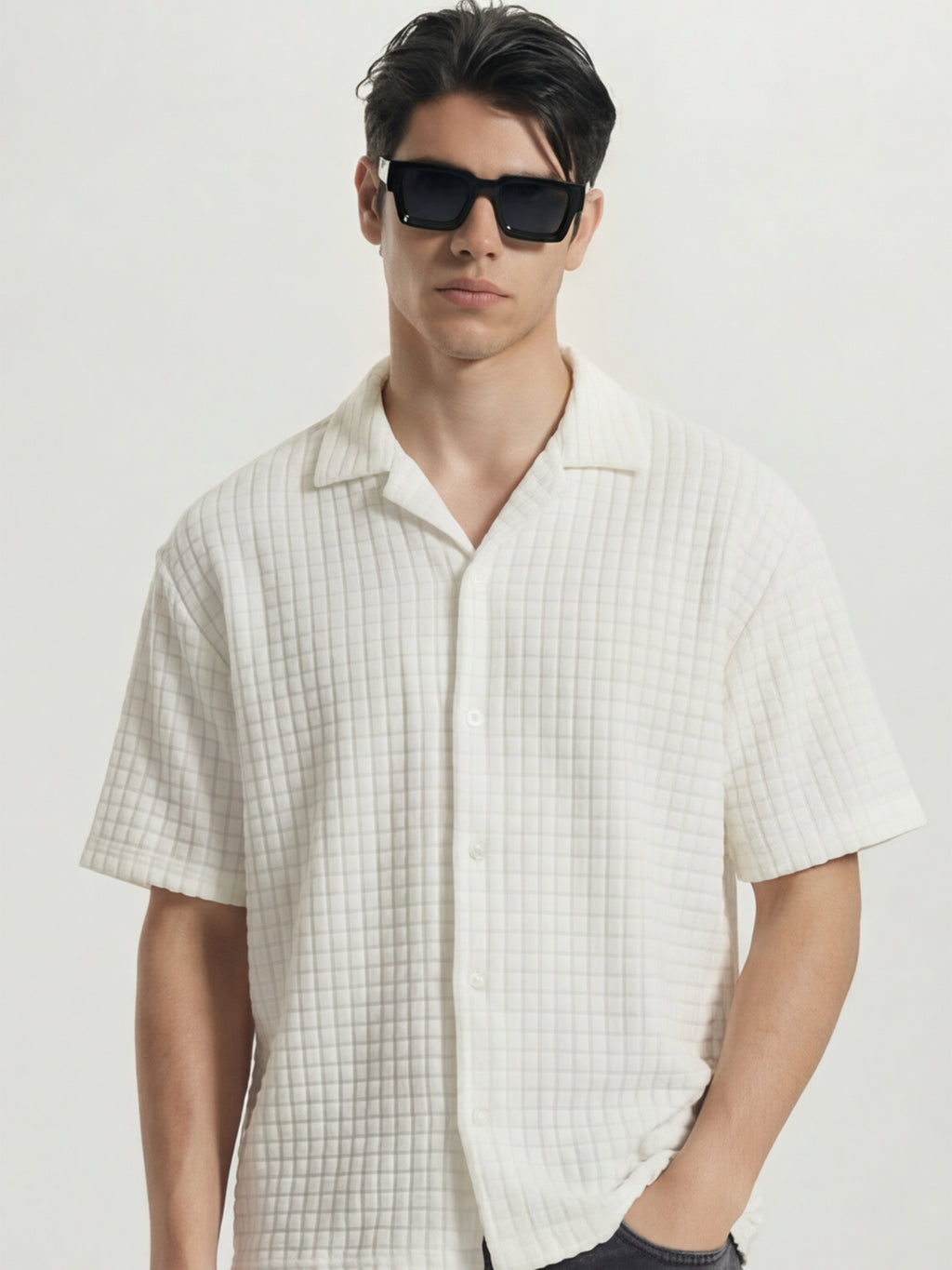 Highlander Men White Self Design Oversized Fit Casual Shirt - White - Image 1