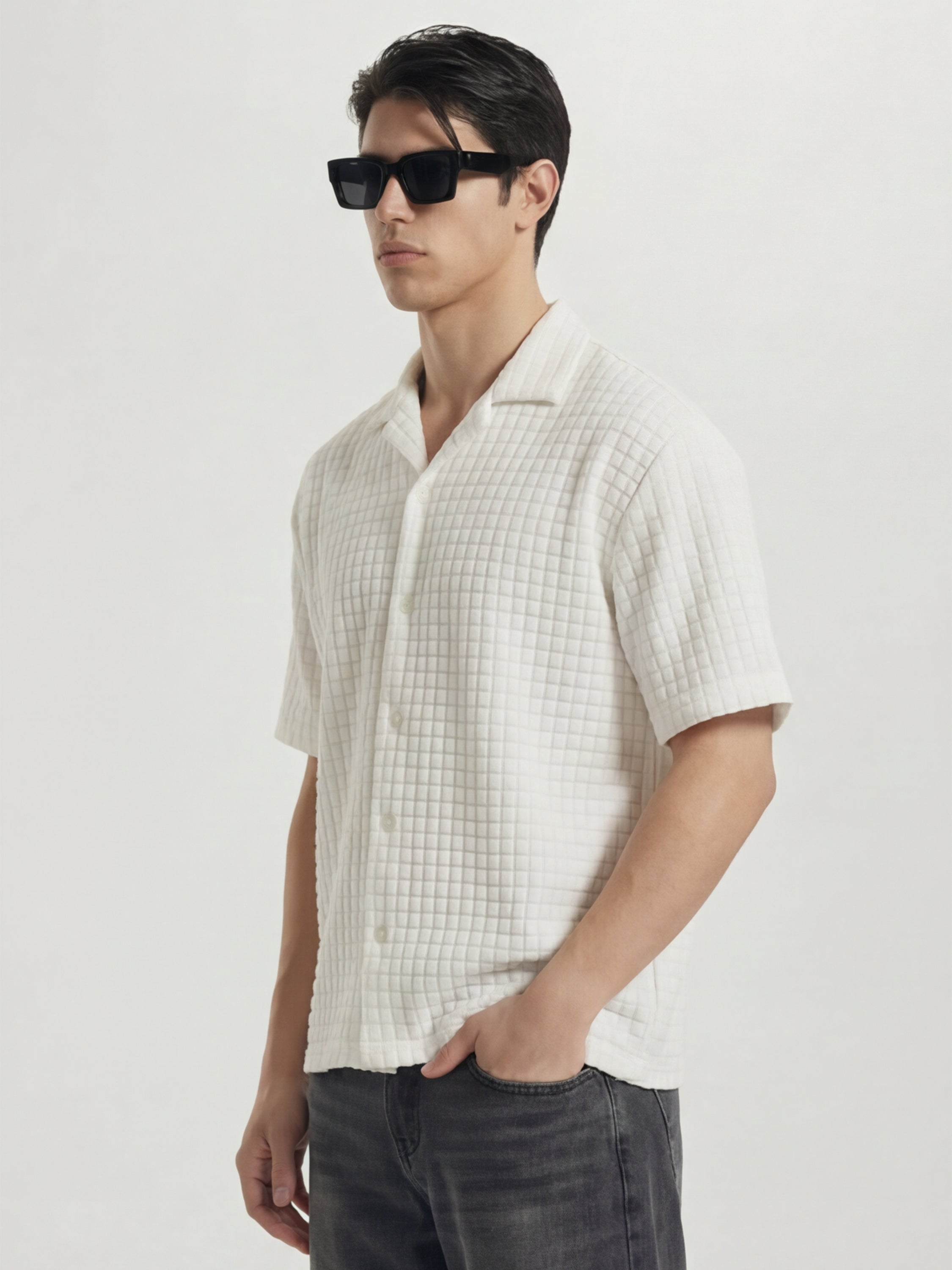 Highlander Men White Self Design Oversized Fit Casual Shirt - White - Image 4