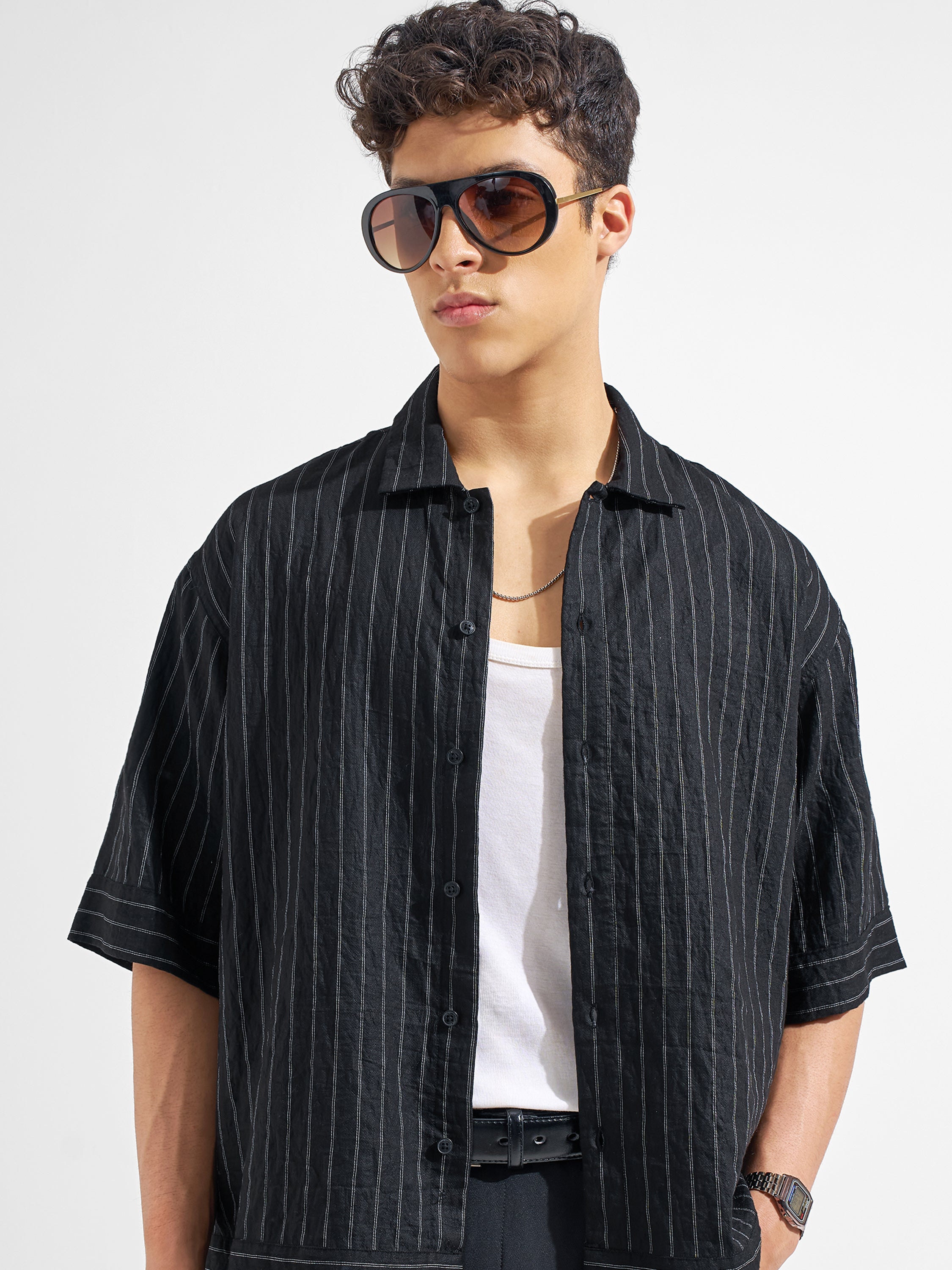 Highlander Men Black Striped Boxy Fit Casual Shirt
