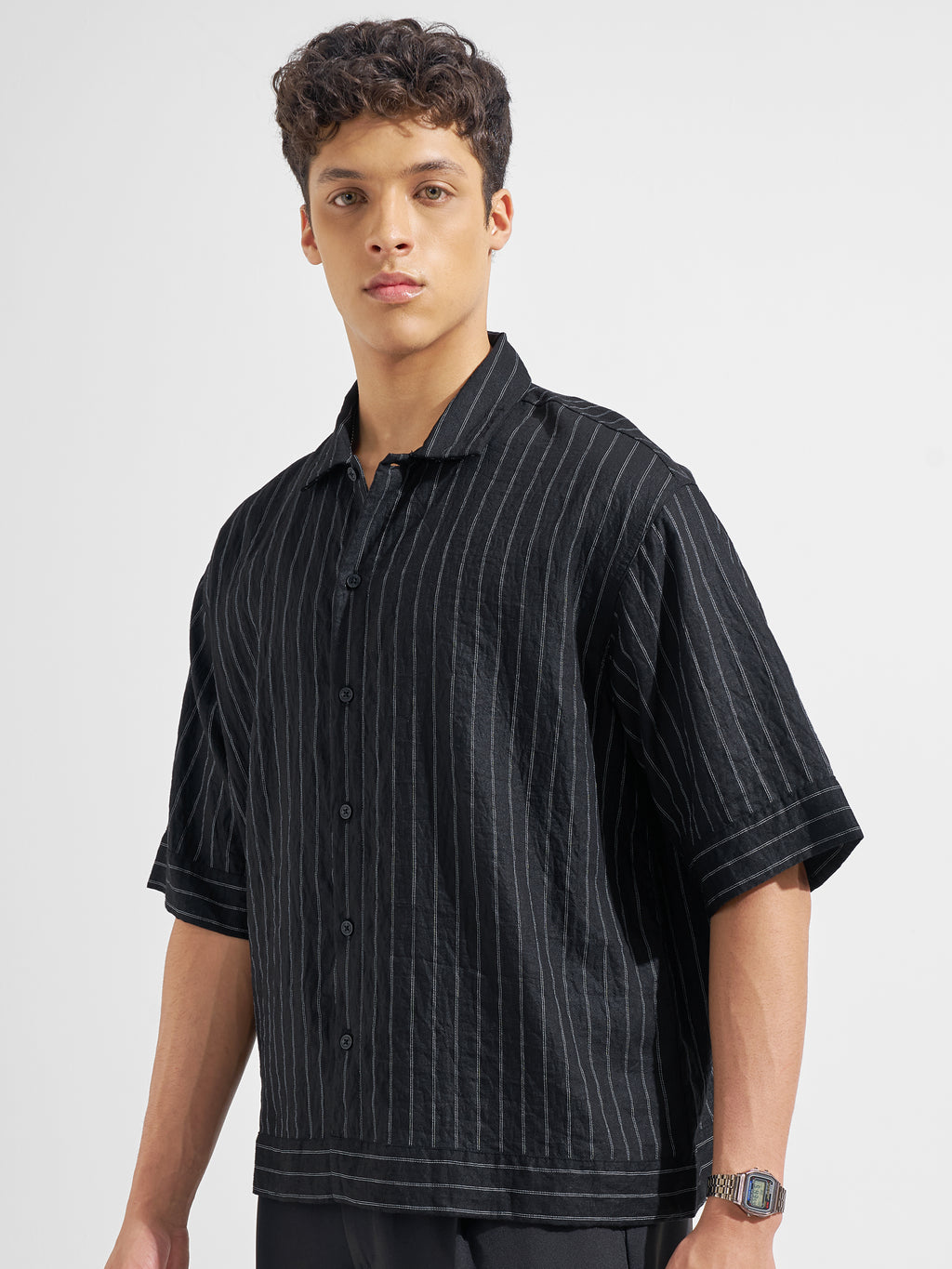 Highlander Men Black Striped Boxy Fit Casual Shirt