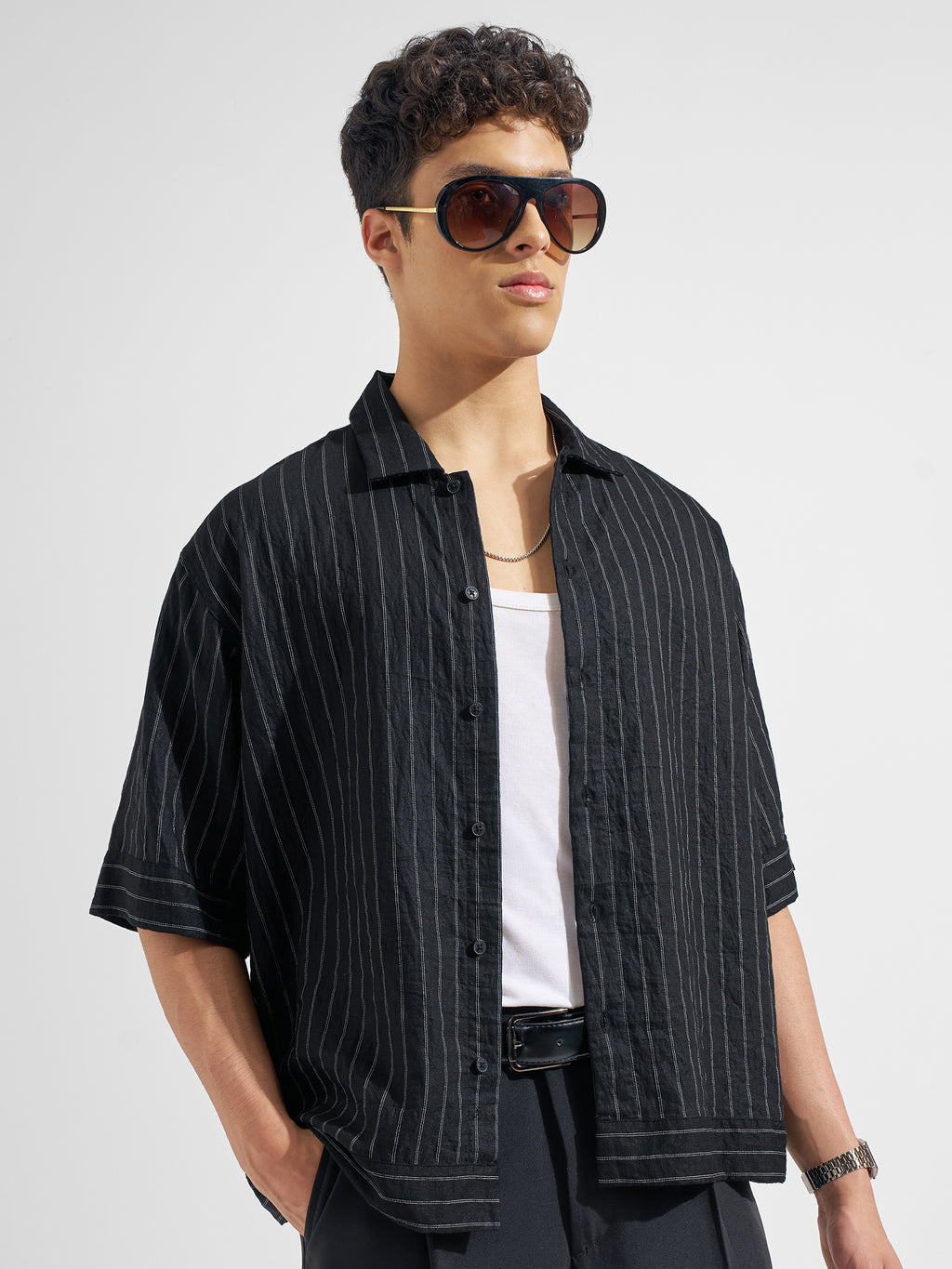 Highlander Men Black Striped Boxy Fit Casual Shirt