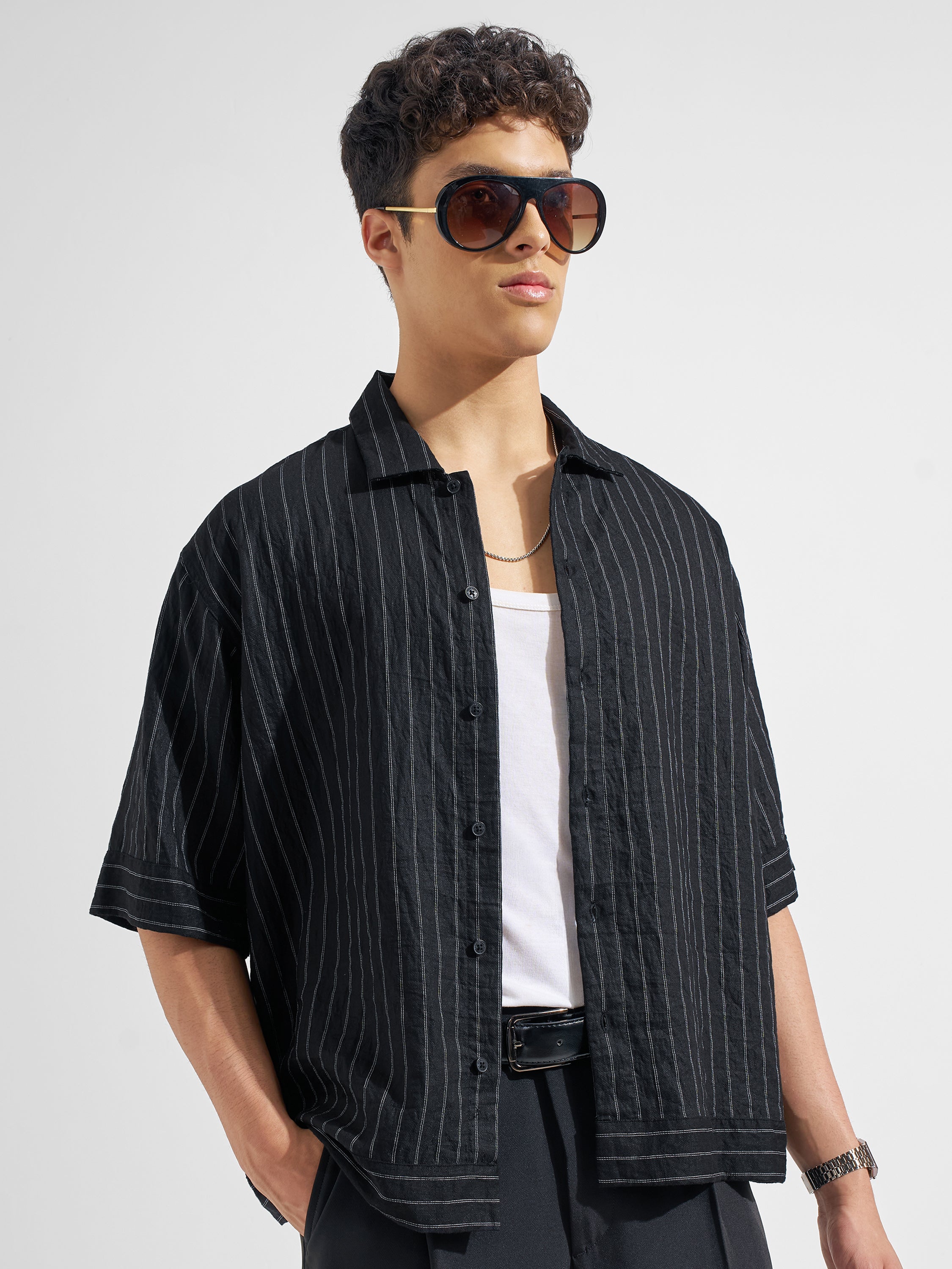 Highlander Men Black Striped Boxy Fit Casual Shirt