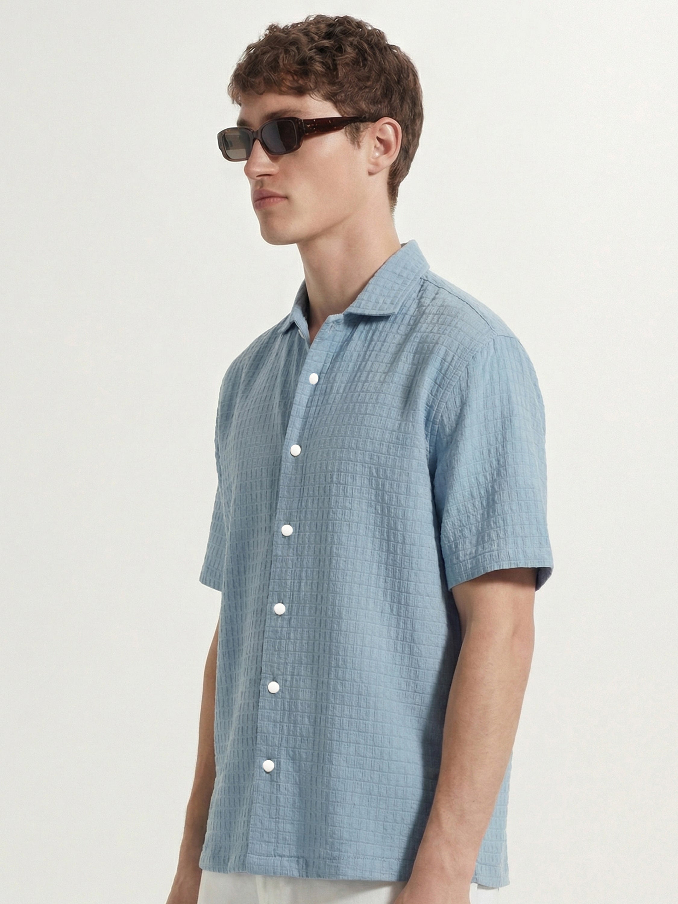 Highlander Men Blue Self Design Boxy Fit Casual Shirt - Blue - Image 5