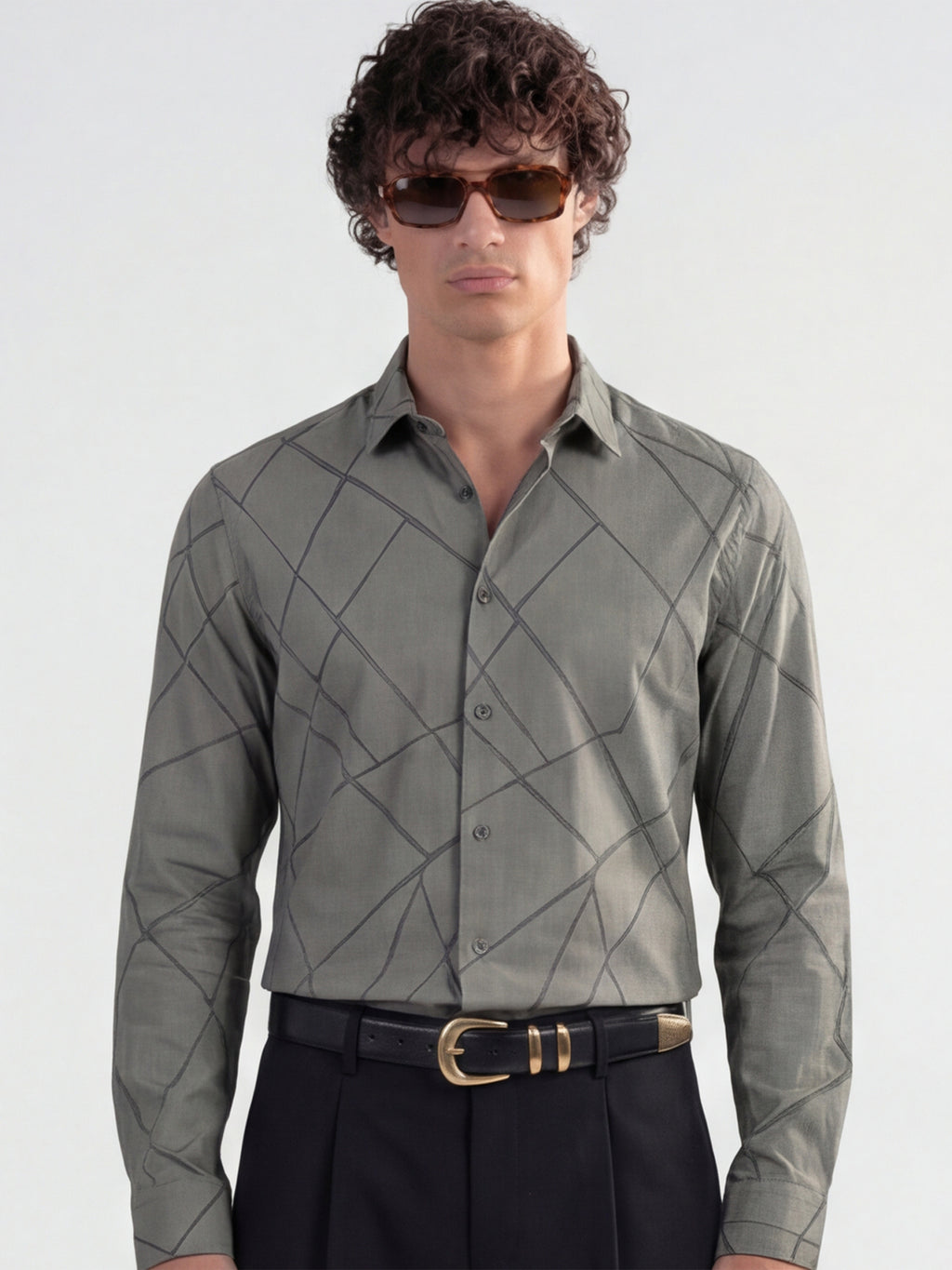 Highlander Men Grey Self Design Slim Fit Casual Shirt - Grey - Image 1