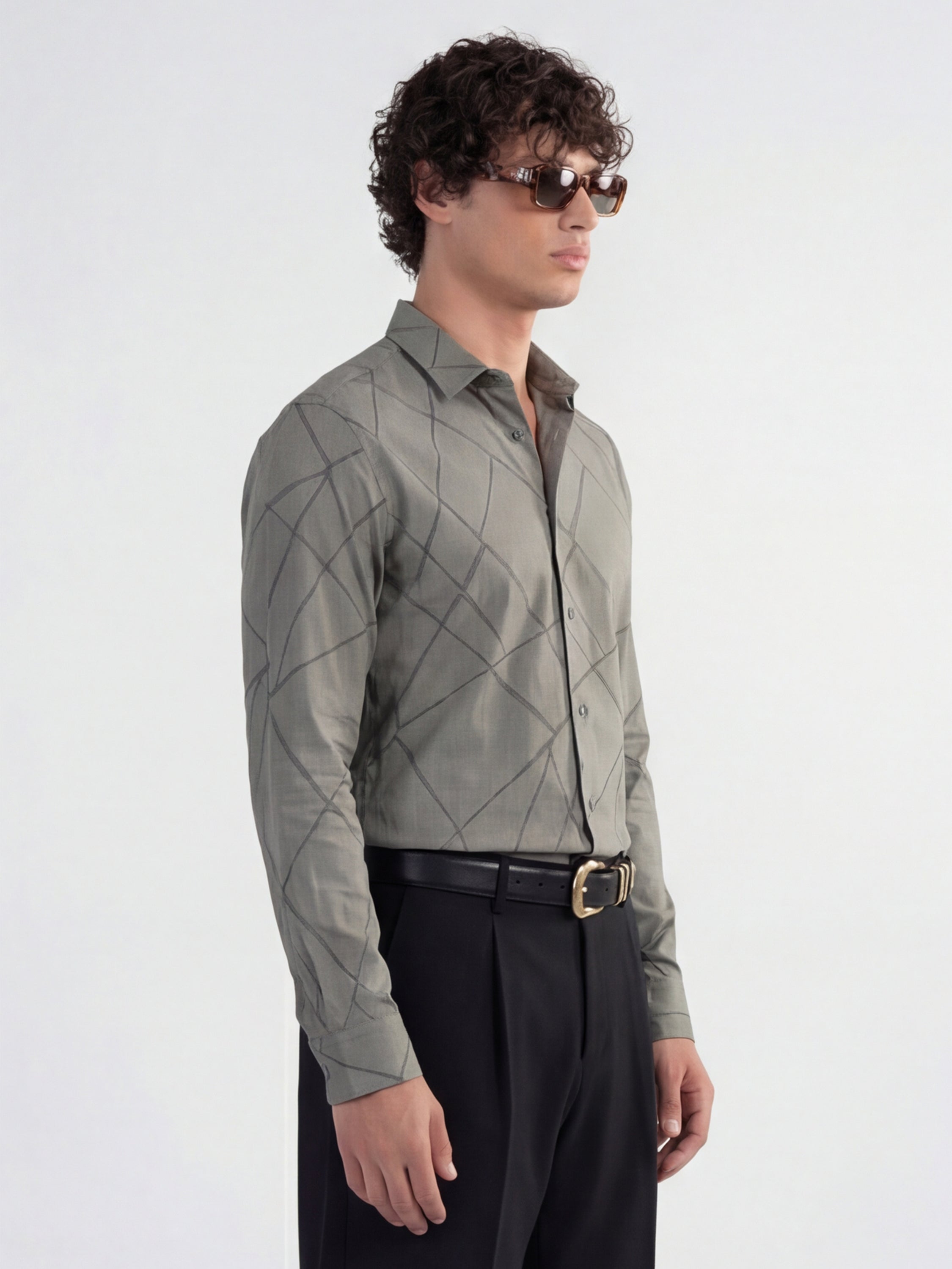 Highlander Men Grey Self Design Slim Fit Casual Shirt - Grey - Image 4