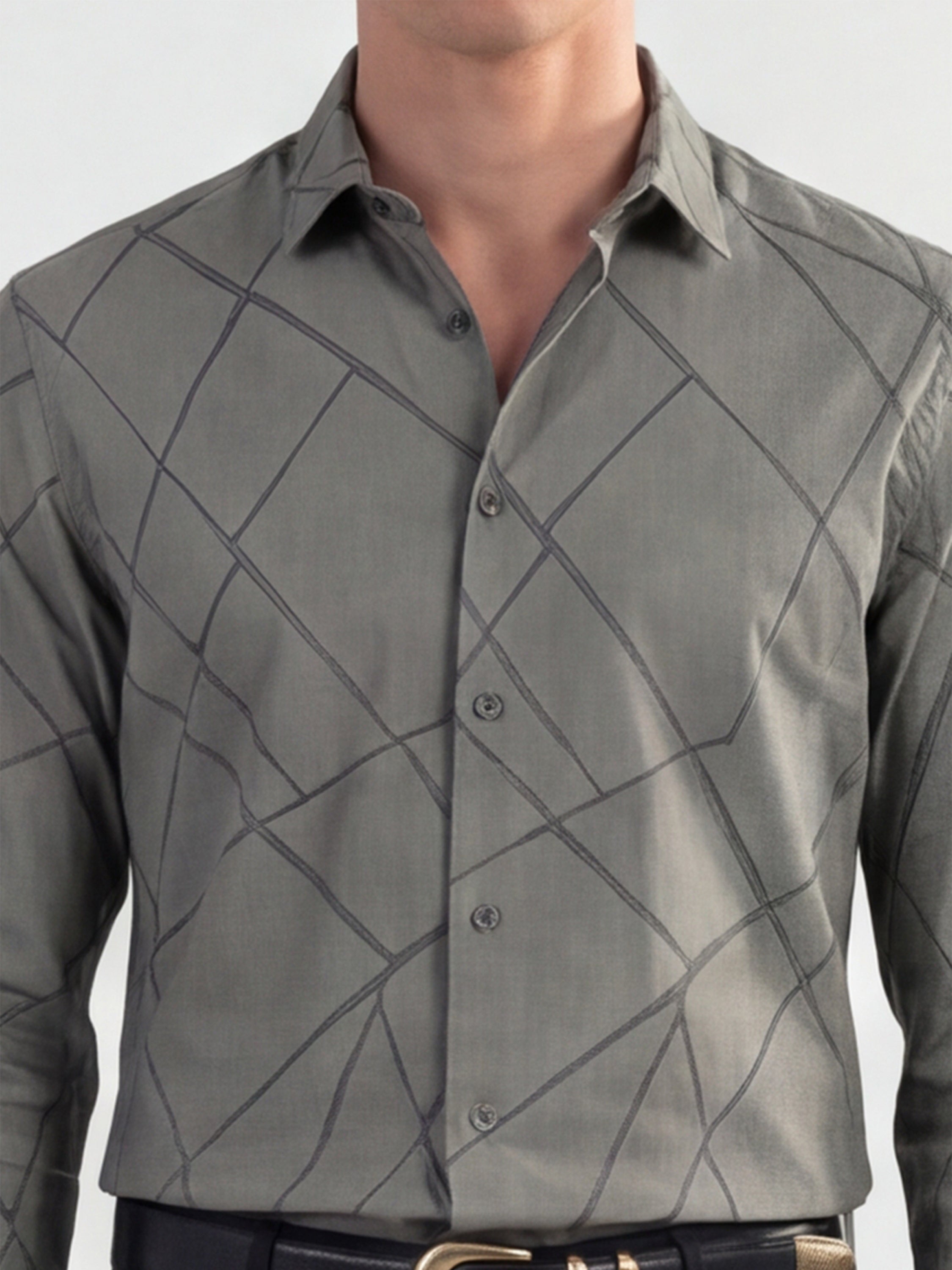 Highlander Men Grey Self Design Slim Fit Casual Shirt - Grey - Image 5