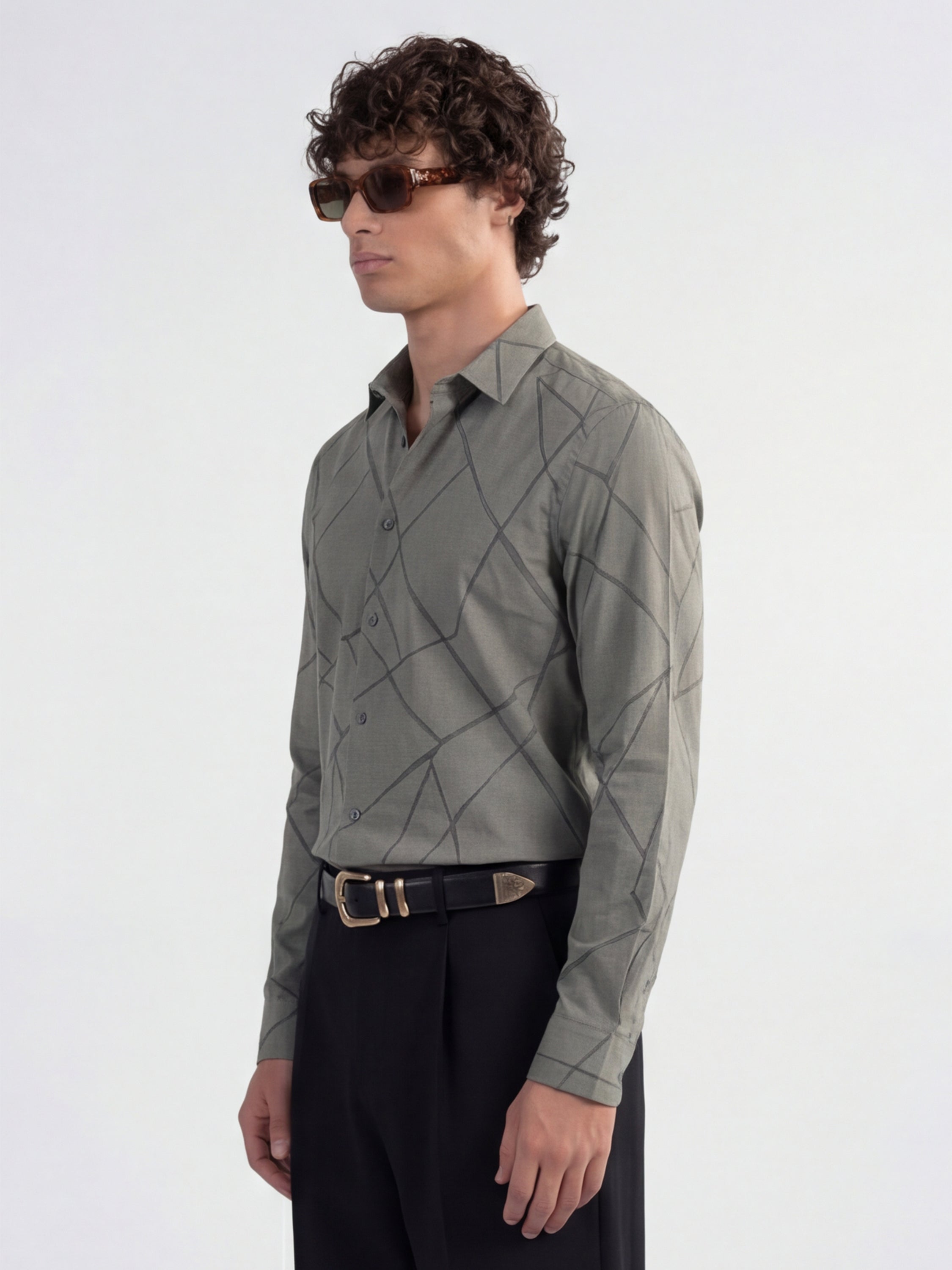 Highlander Men Grey Self Design Slim Fit Casual Shirt - Grey - Image 6
