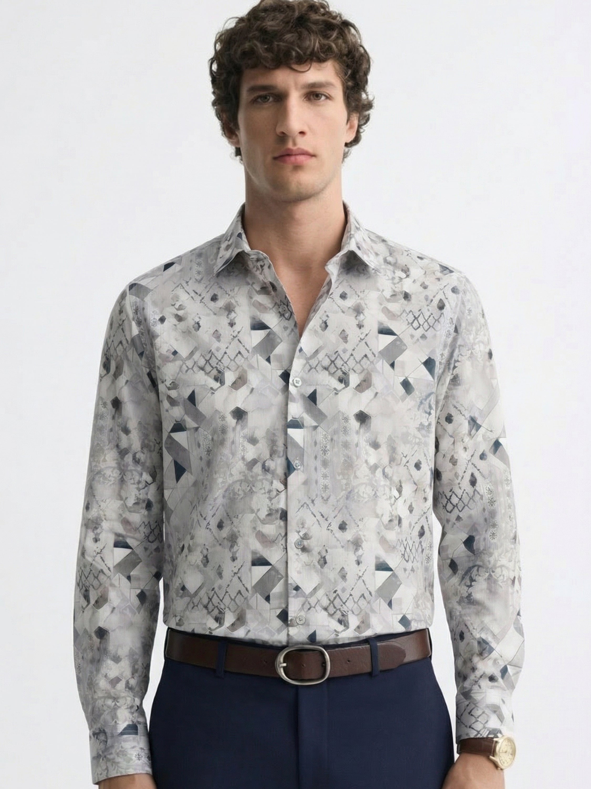 Highlander Men Grey Printed Slim Fit Casual Shirt - Grey - Image 1