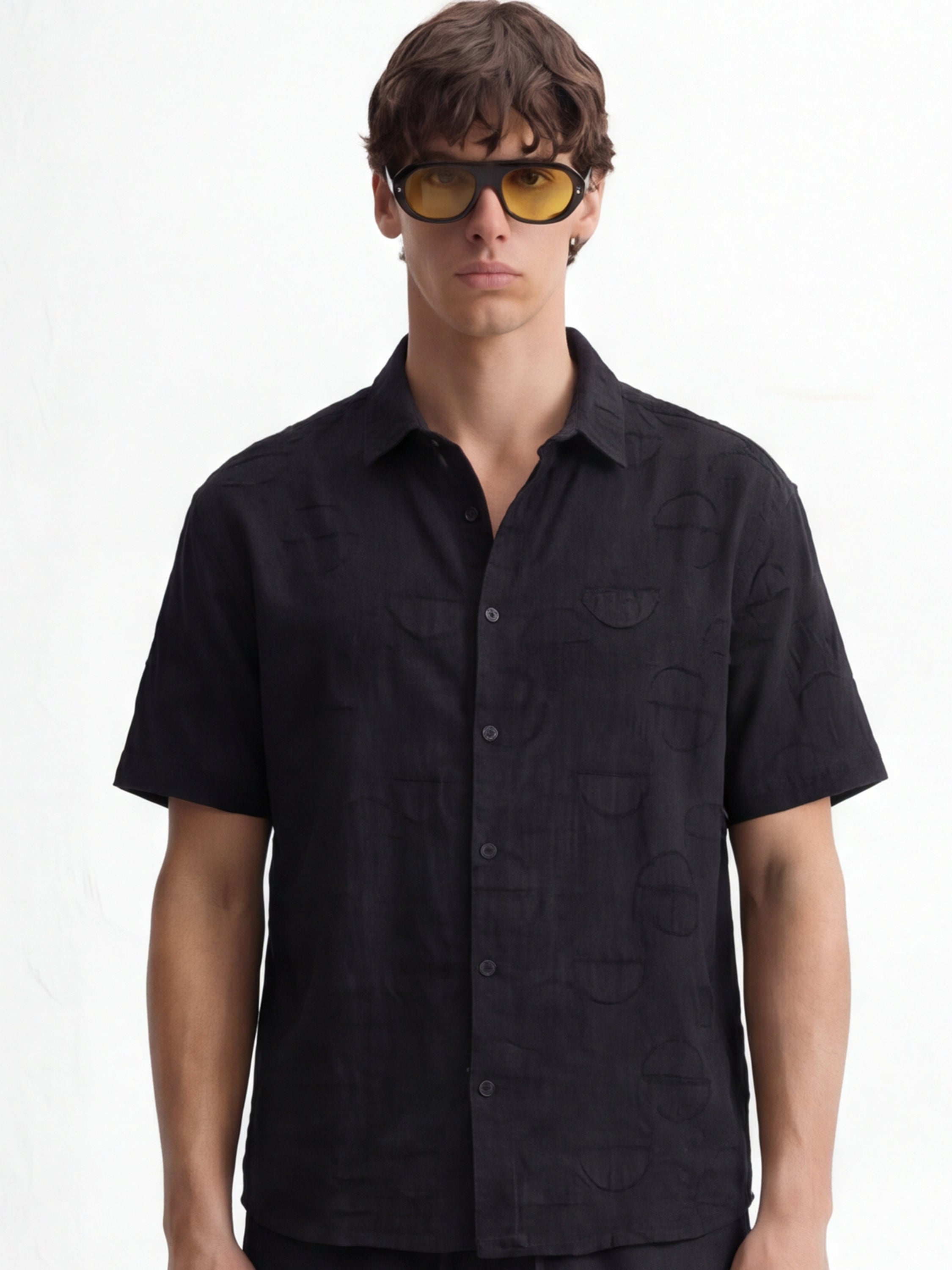 Highlander Men Black Self Design Relaxed Fit Casual Shirt - Black - Image 1