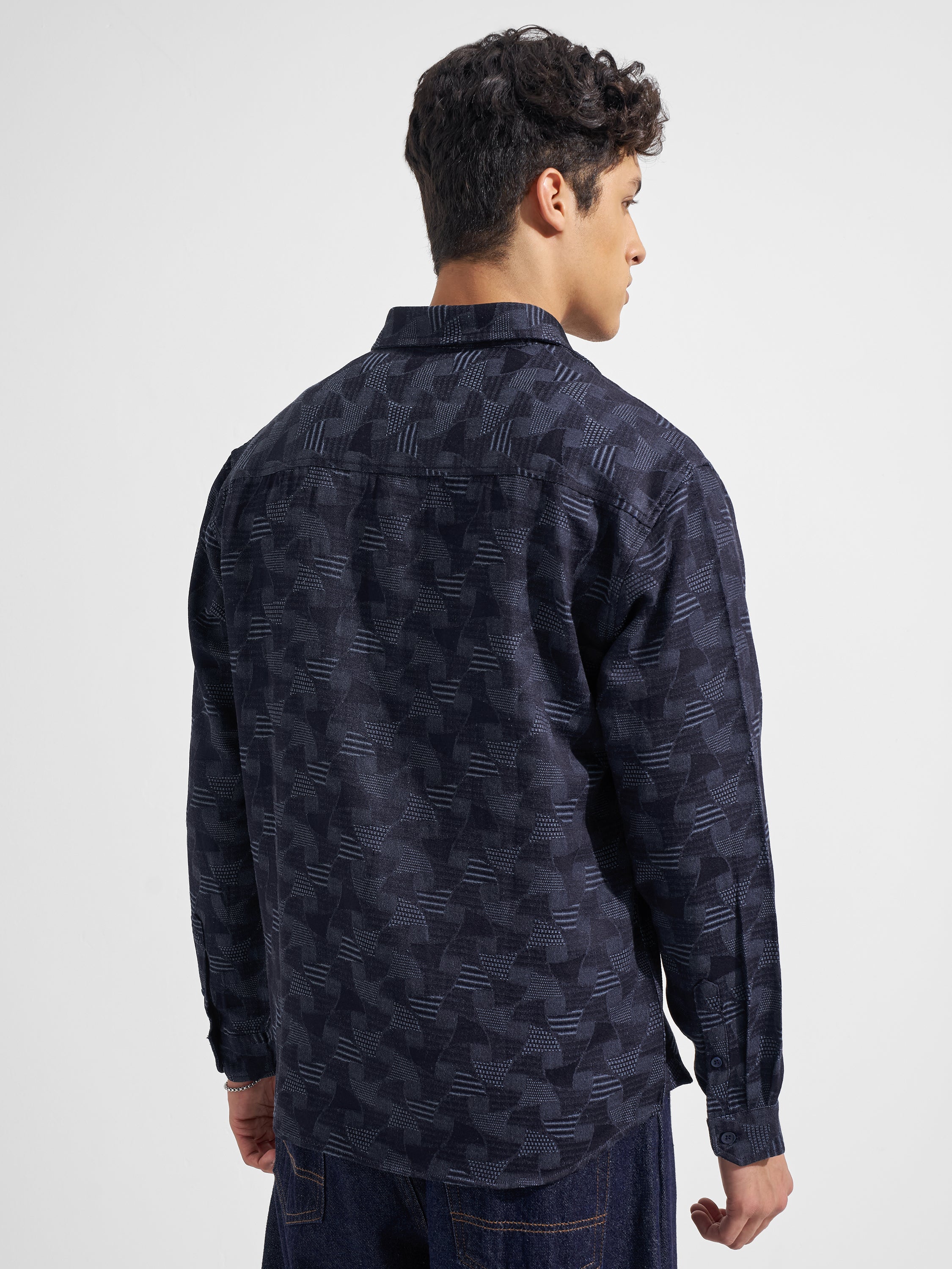 Highlander Men Navy Blue Self Design Relaxed Fit Casual Shirt
