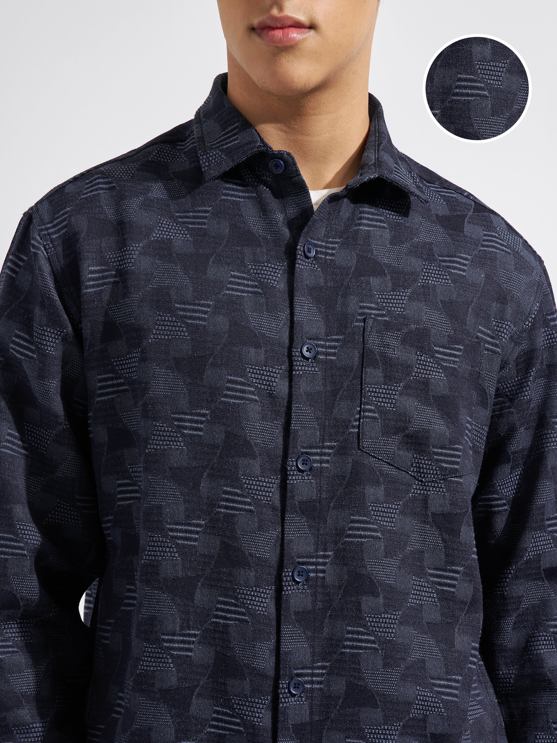 Highlander Men Navy Blue Self Design Relaxed Fit Casual Shirt