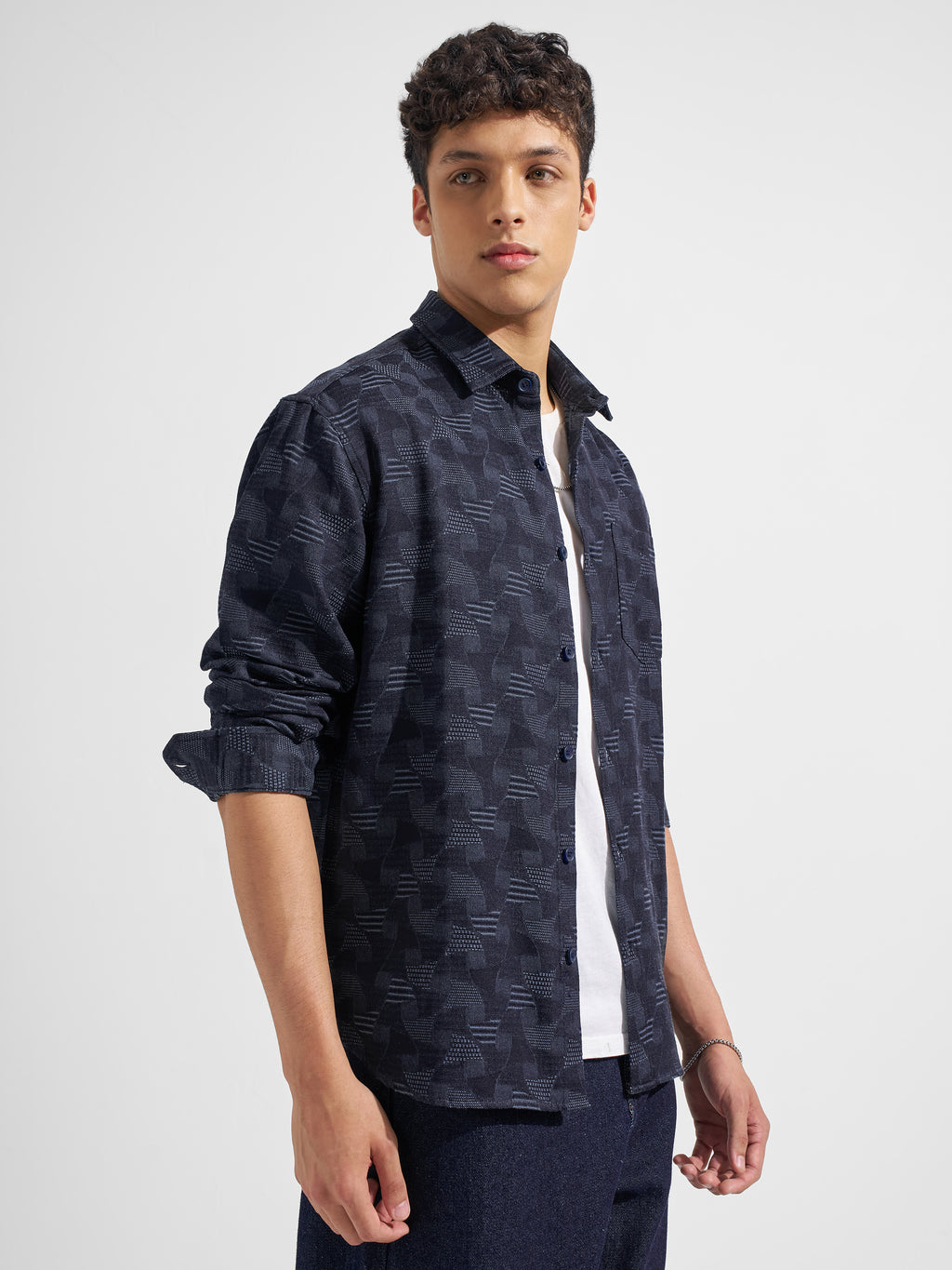 Highlander Men Navy Blue Self Design Relaxed Fit Casual Shirt