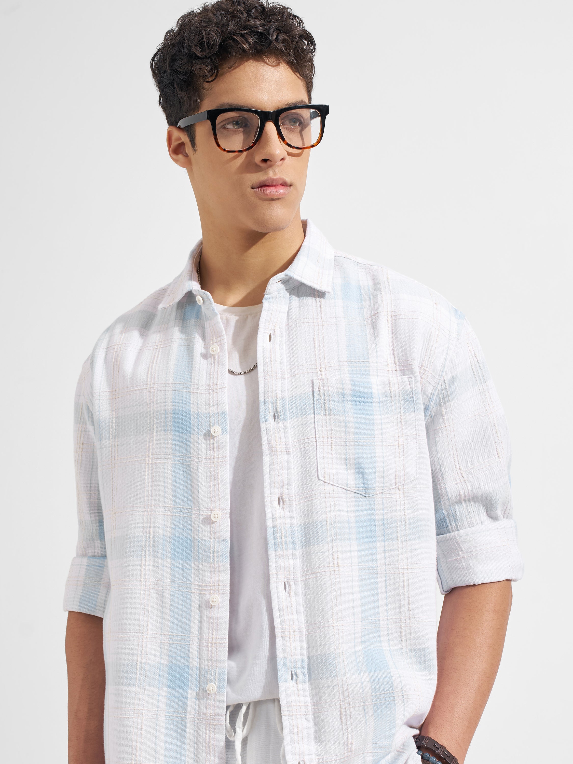 Highlander Men White Checked Relaxed Fit Casual Shirt