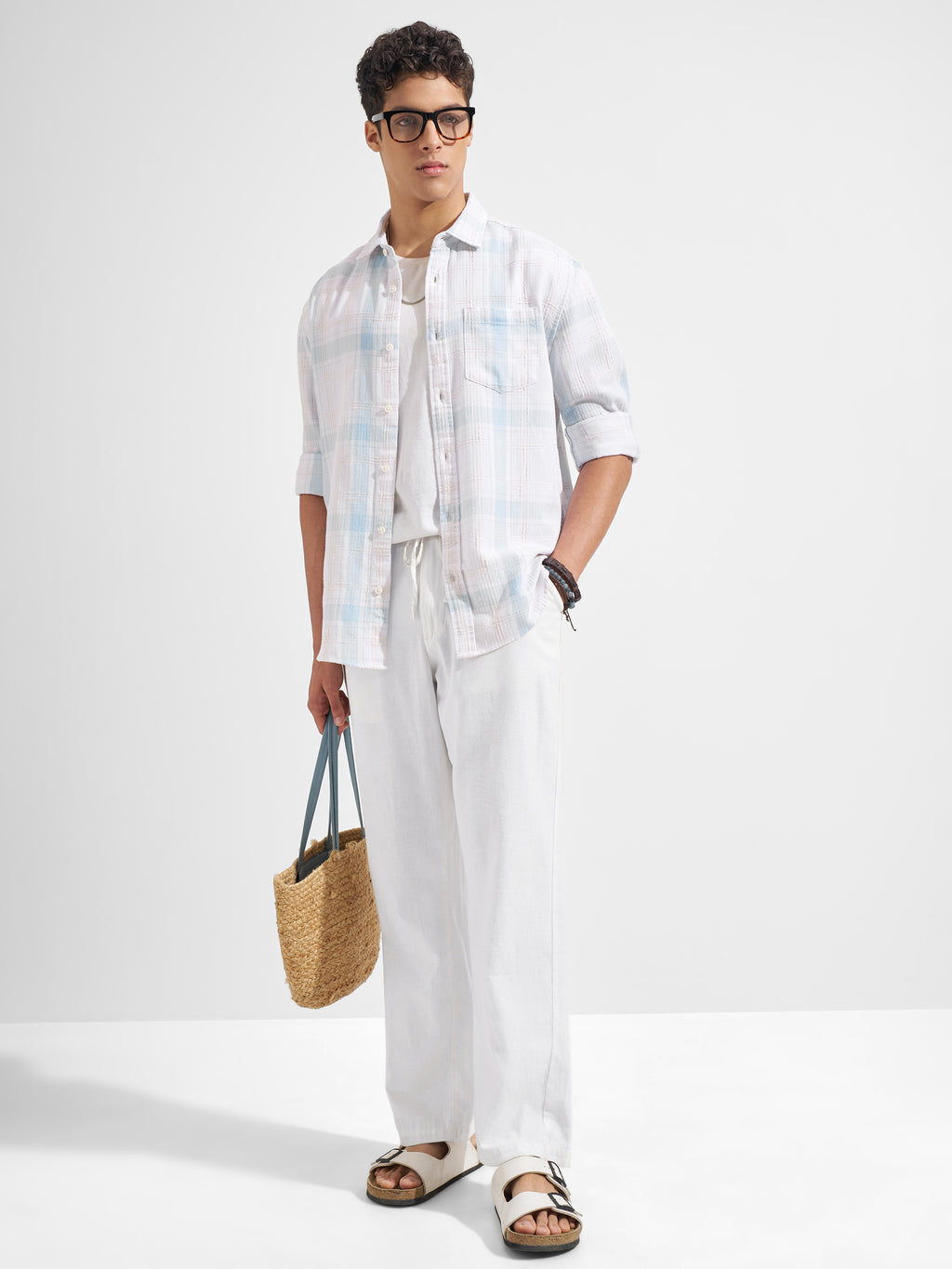 Highlander Men White Checked Relaxed Fit Casual Shirt