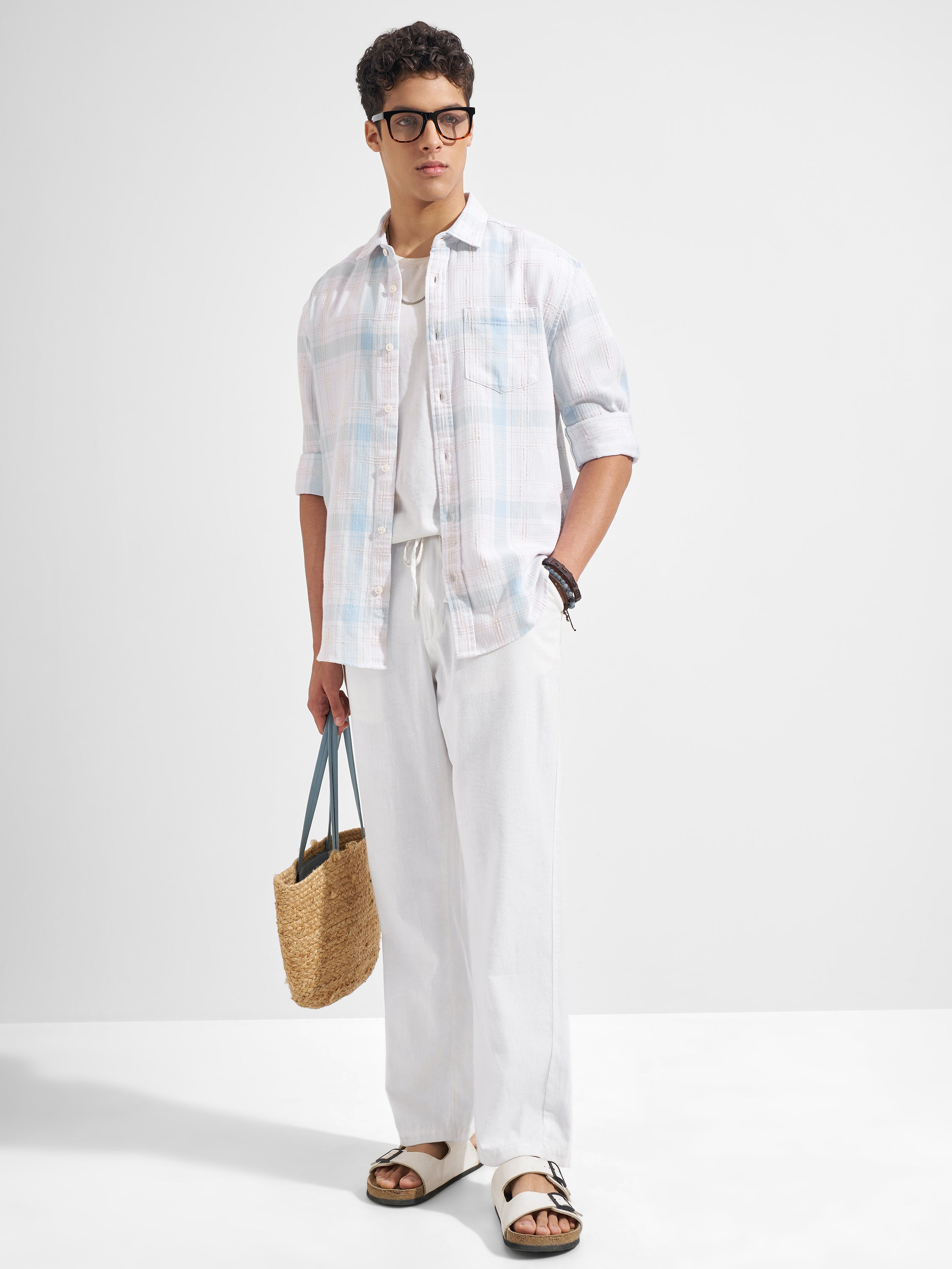 Highlander Men White Checked Relaxed Fit Casual Shirt