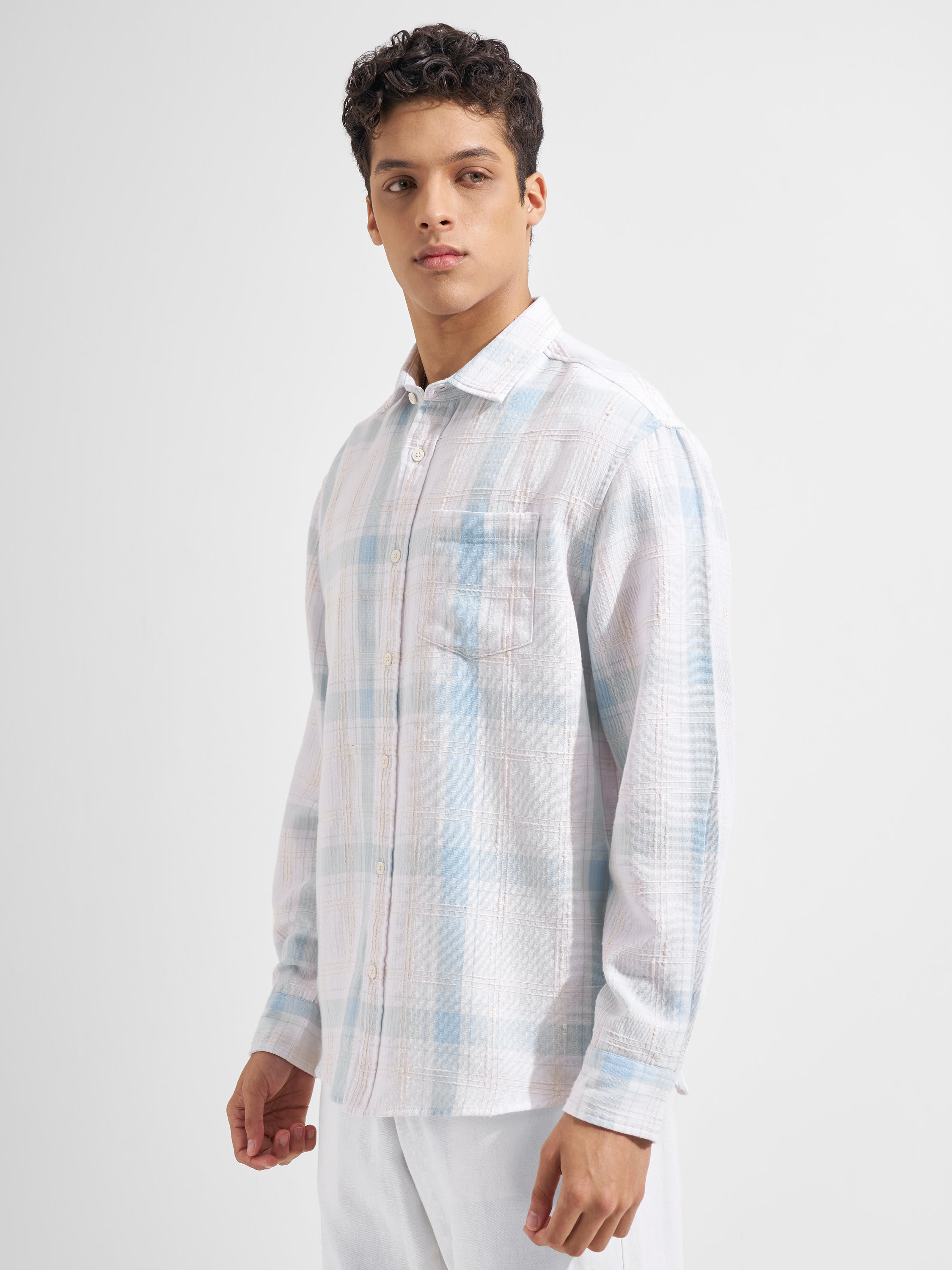 Highlander Men White Checked Relaxed Fit Casual Shirt