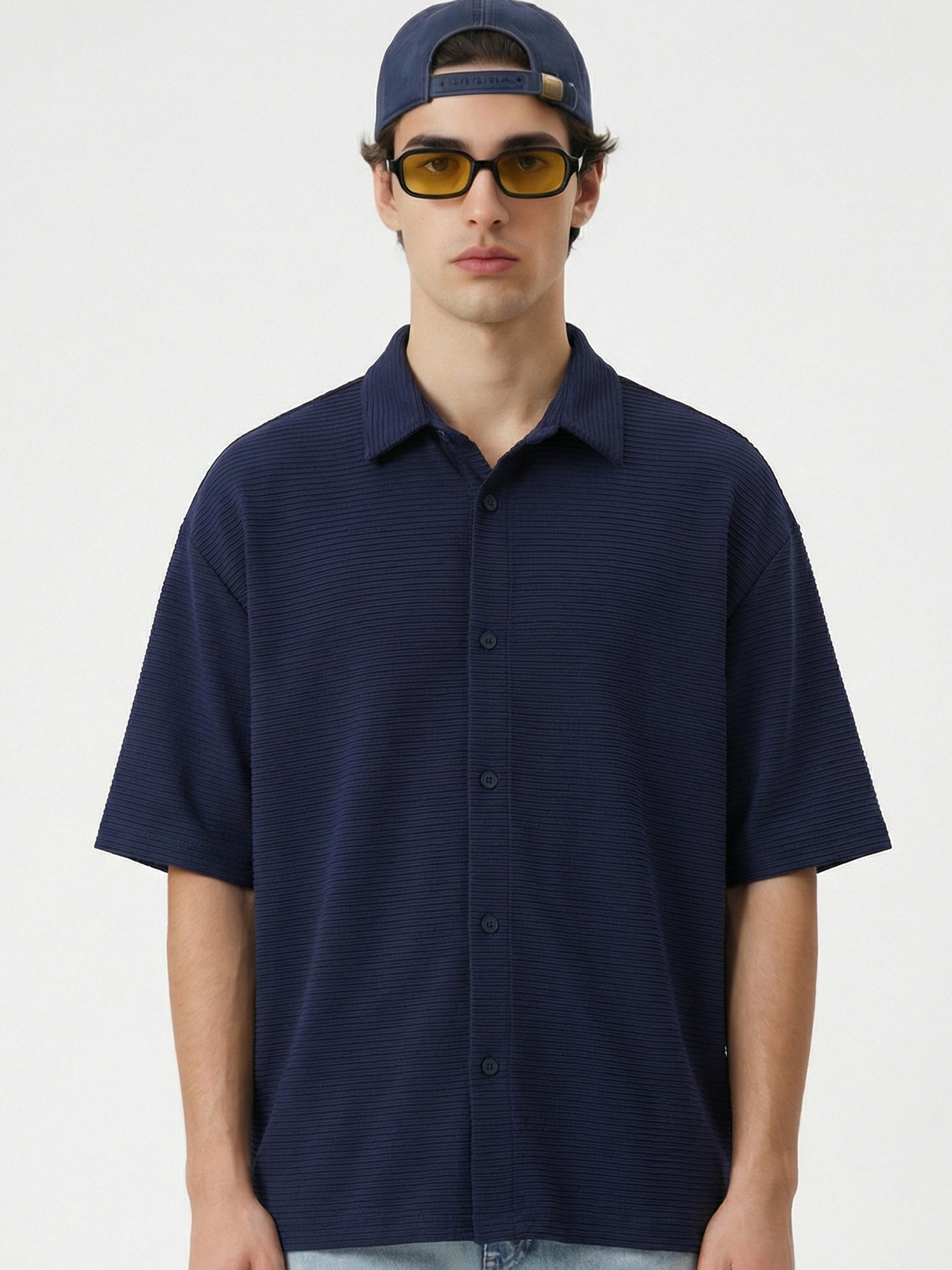 Highlander Men Navy Blue Self Design Boxy Fit Casual Shirt - Navy Blue - Image 1