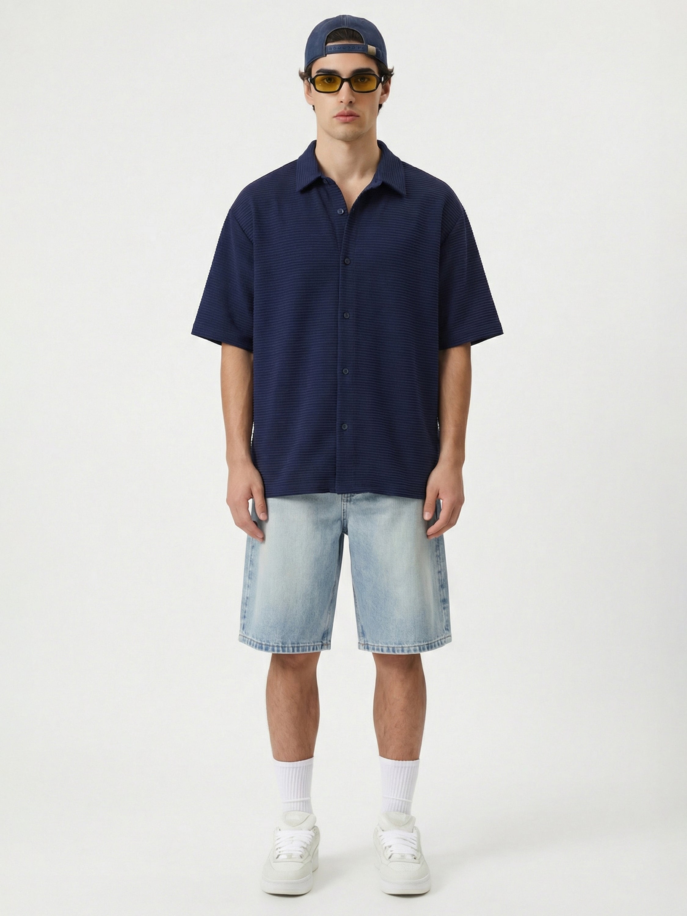 Highlander Men Navy Blue Self Design Boxy Fit Casual Shirt - Navy Blue - Image 2