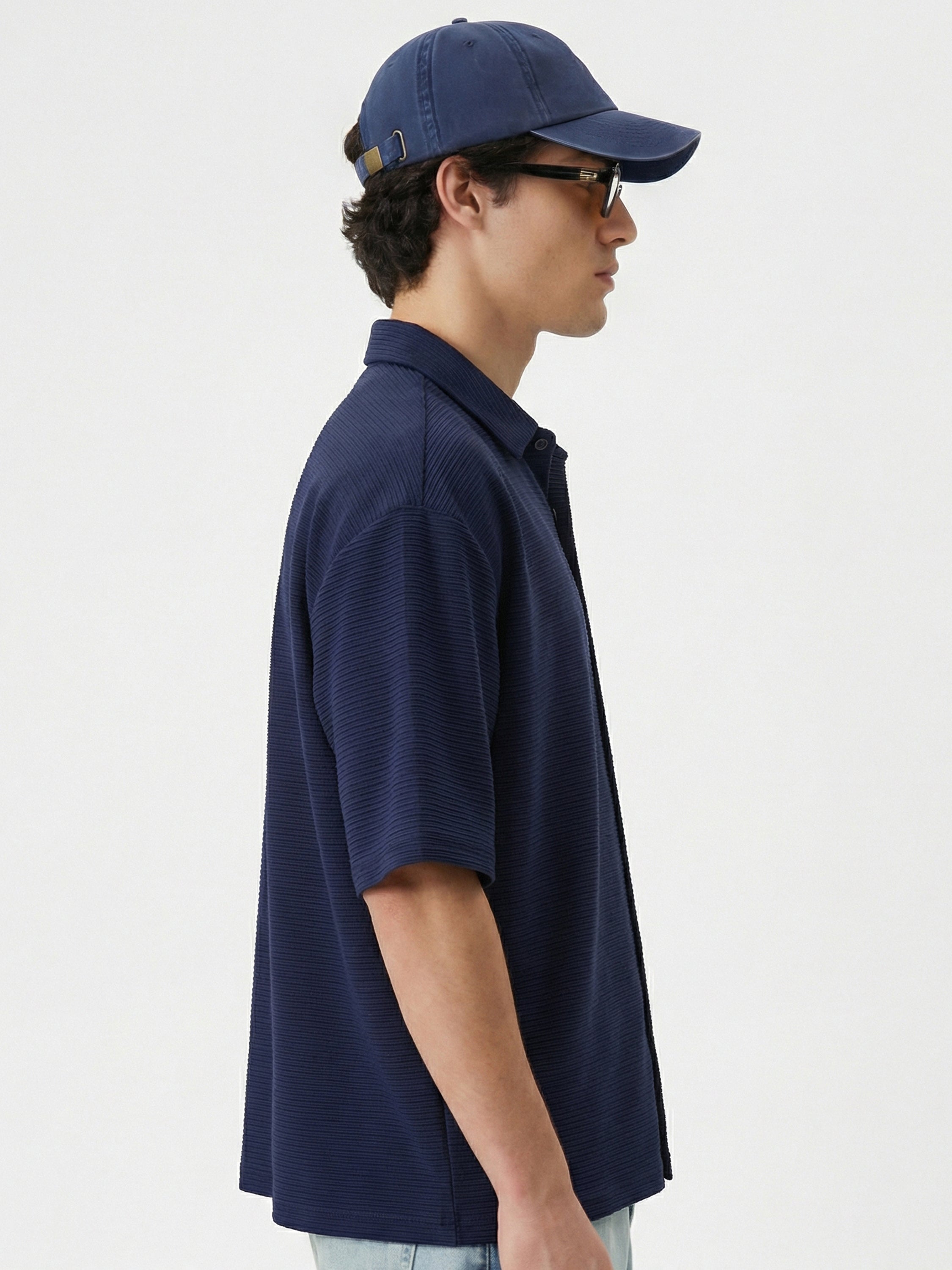 Highlander Men Navy Blue Self Design Boxy Fit Casual Shirt - Navy Blue - Image 5