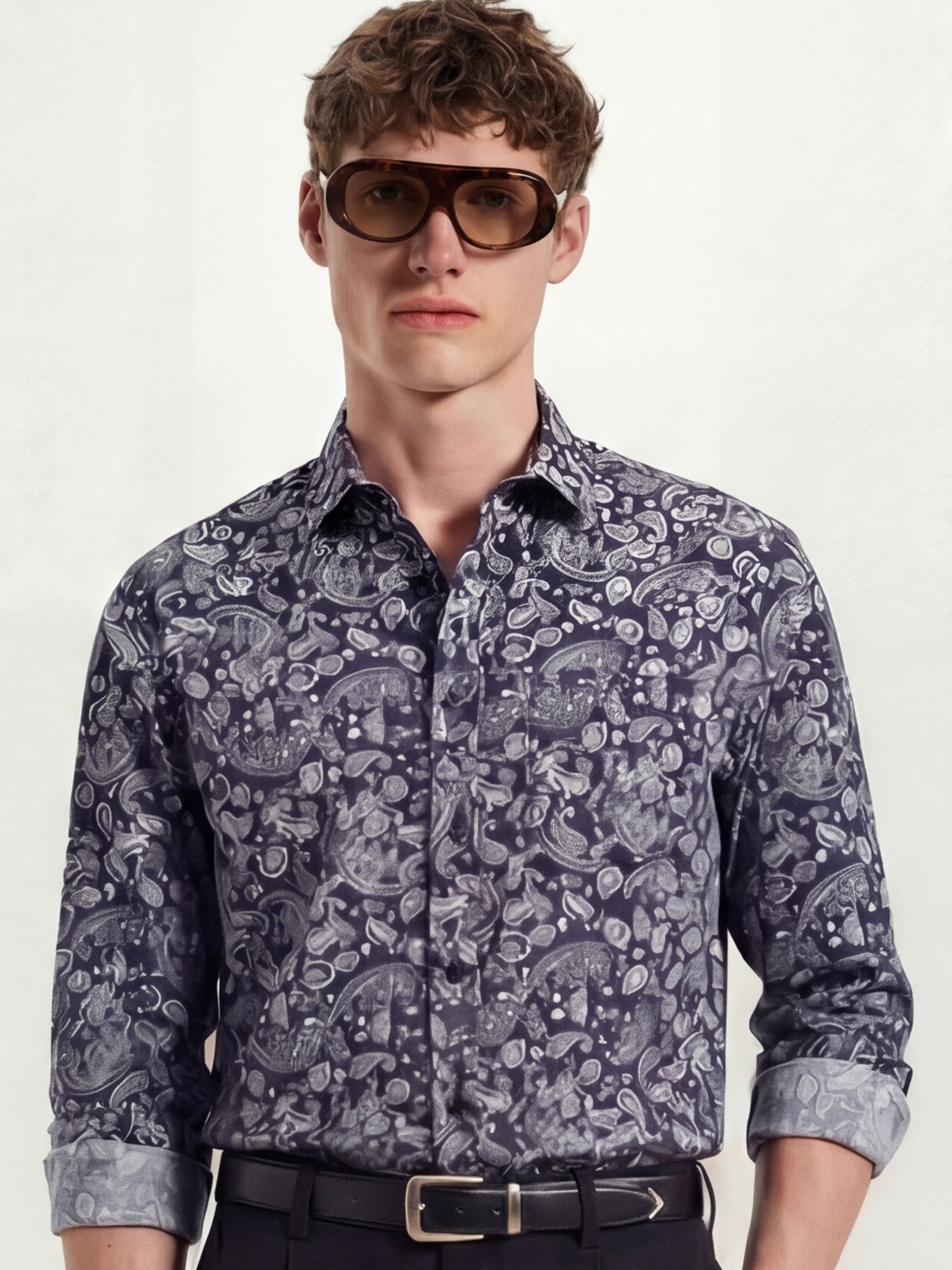 Highlander Men Navy Blue Printed Slim Fit Casual Shirt - Navy Blue - Image 1