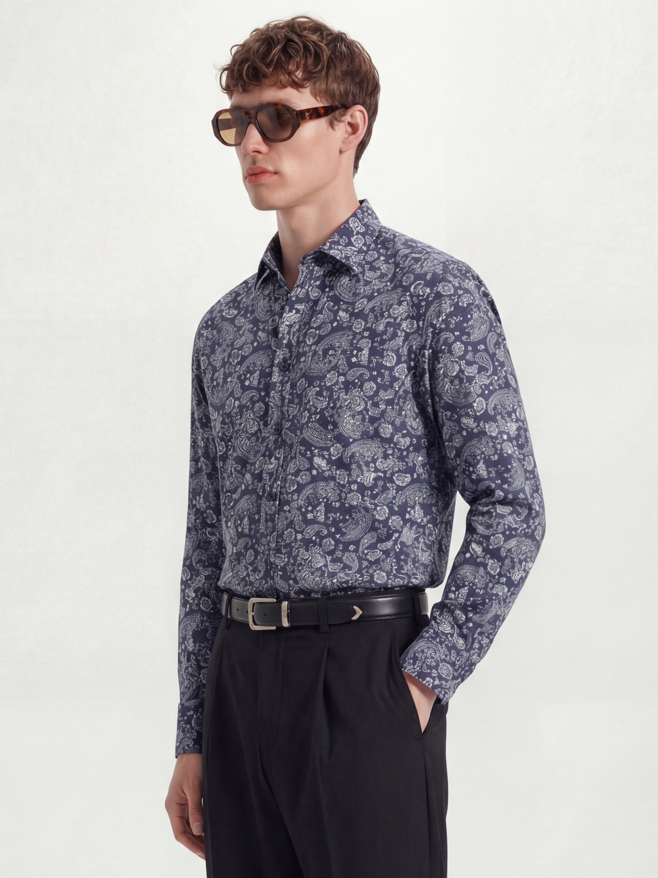 Highlander Men Navy Blue Printed Slim Fit Casual Shirt - Navy Blue - Image 4