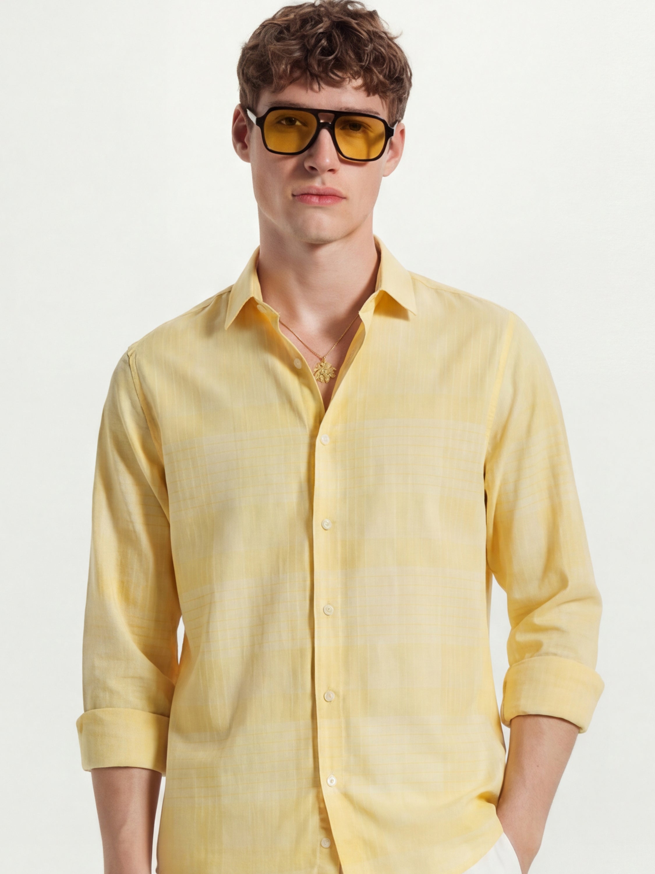 Highlander Men Yellow Checked Slim Fit Casual Shirt - Yellow - Image 1
